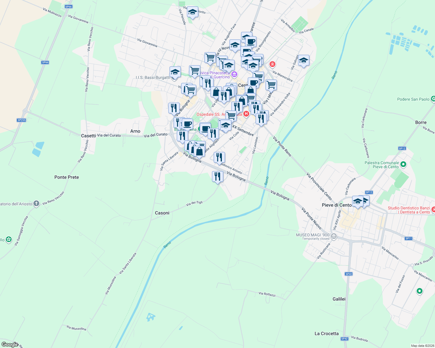 map of restaurants, bars, coffee shops, grocery stores, and more near 8 Via Don Giovanni Minzoni in Cento