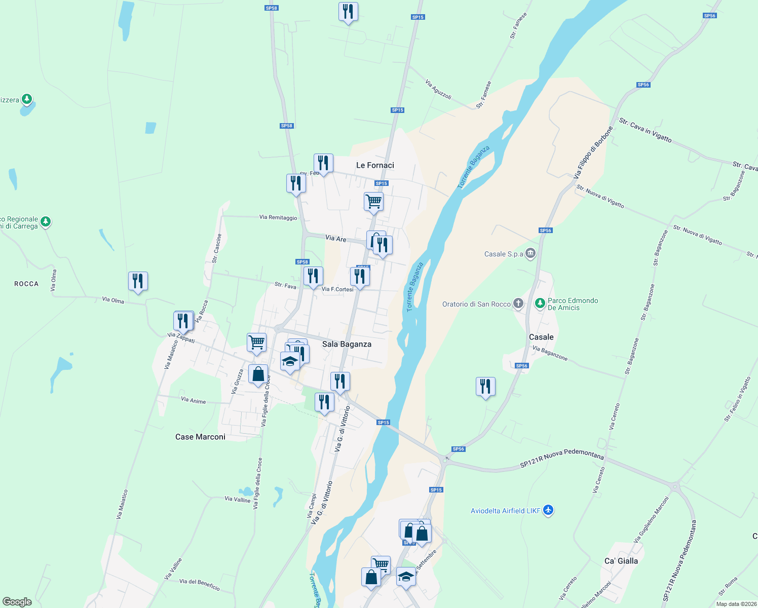 map of restaurants, bars, coffee shops, grocery stores, and more near 5 Via Rosa Augusto in Sala Baganza