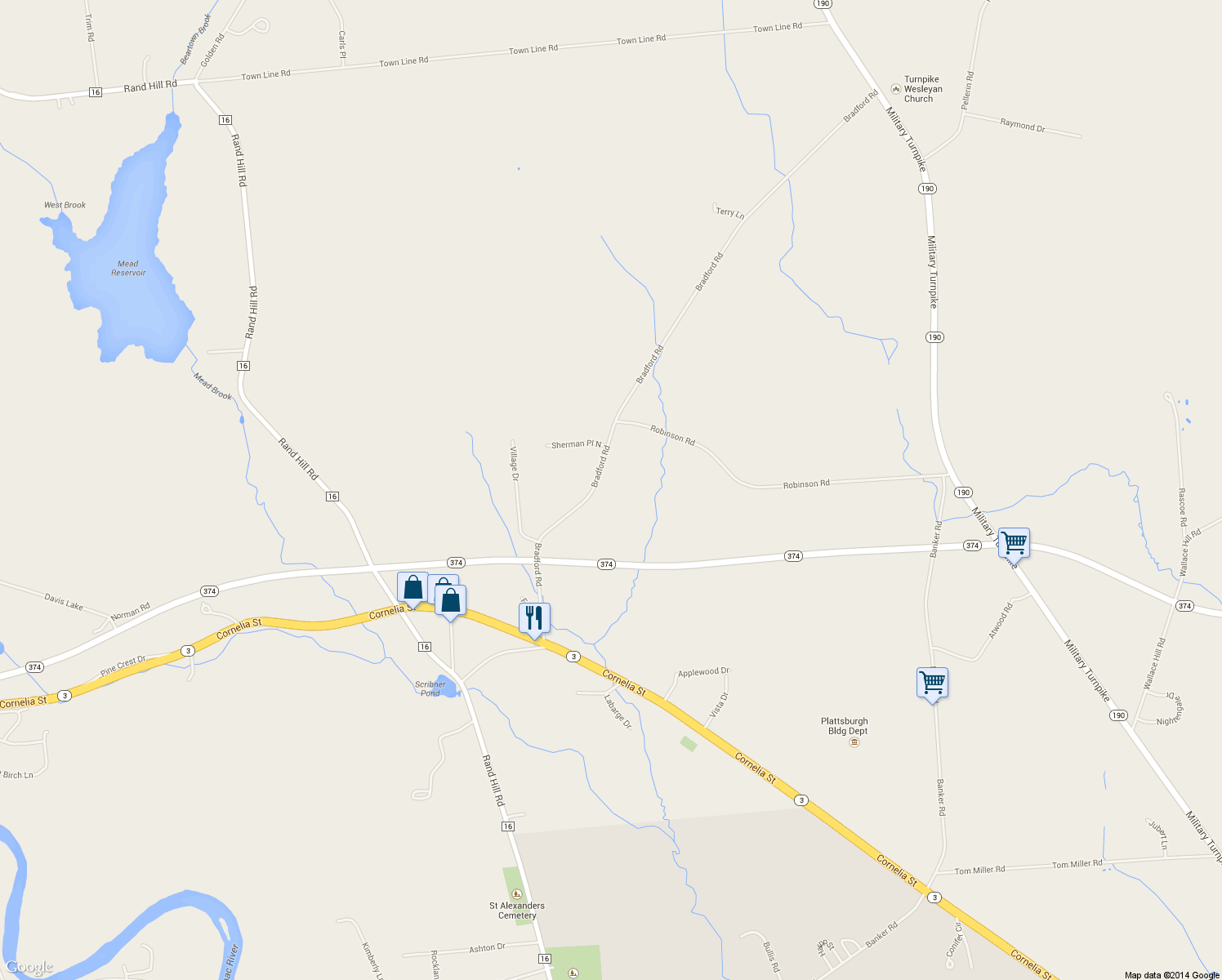 map of restaurants, bars, coffee shops, grocery stores, and more near 94 Bradford Rd in Plattsburgh