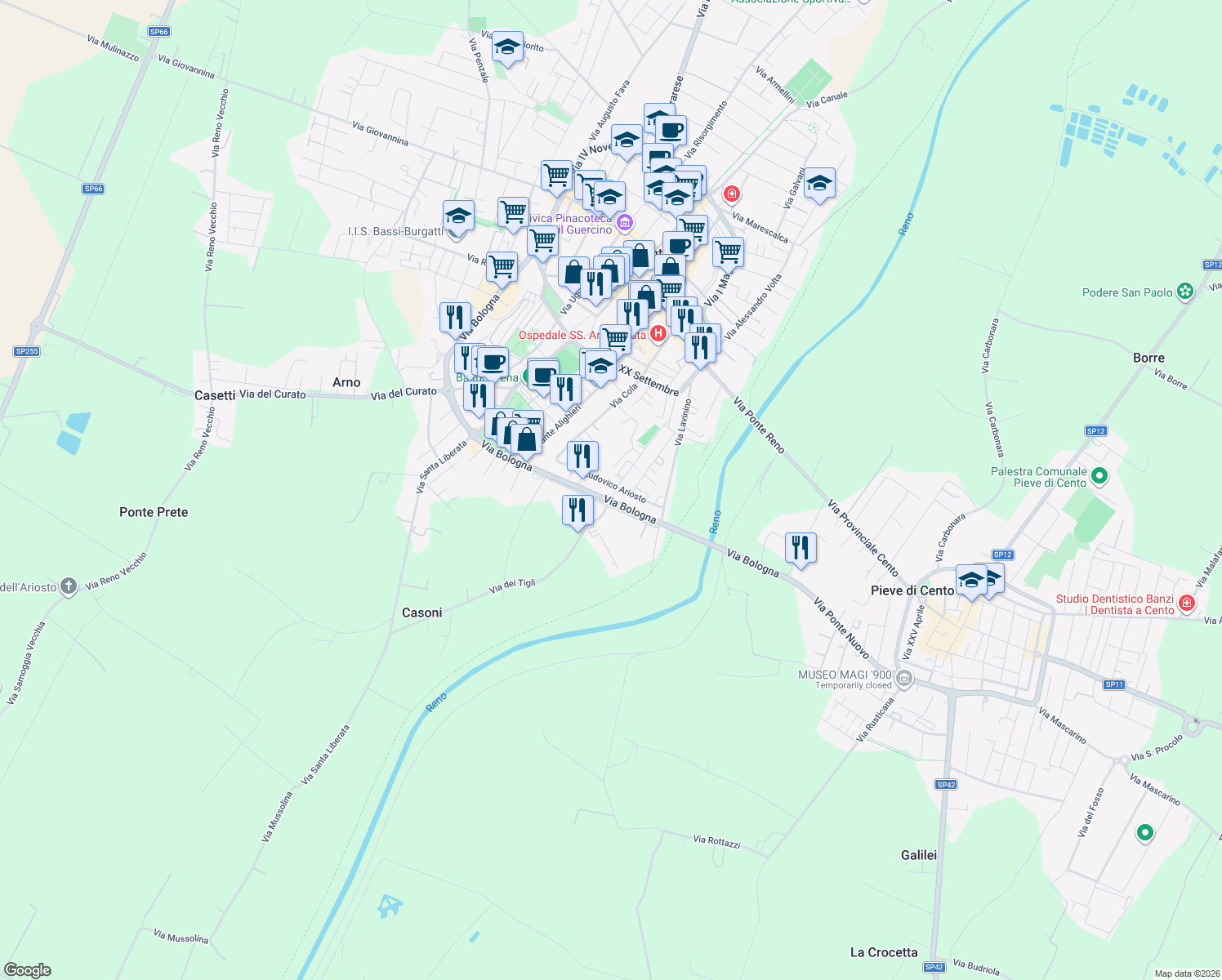 map of restaurants, bars, coffee shops, grocery stores, and more near 8 Via Don Giovanni Minzoni in Cento
