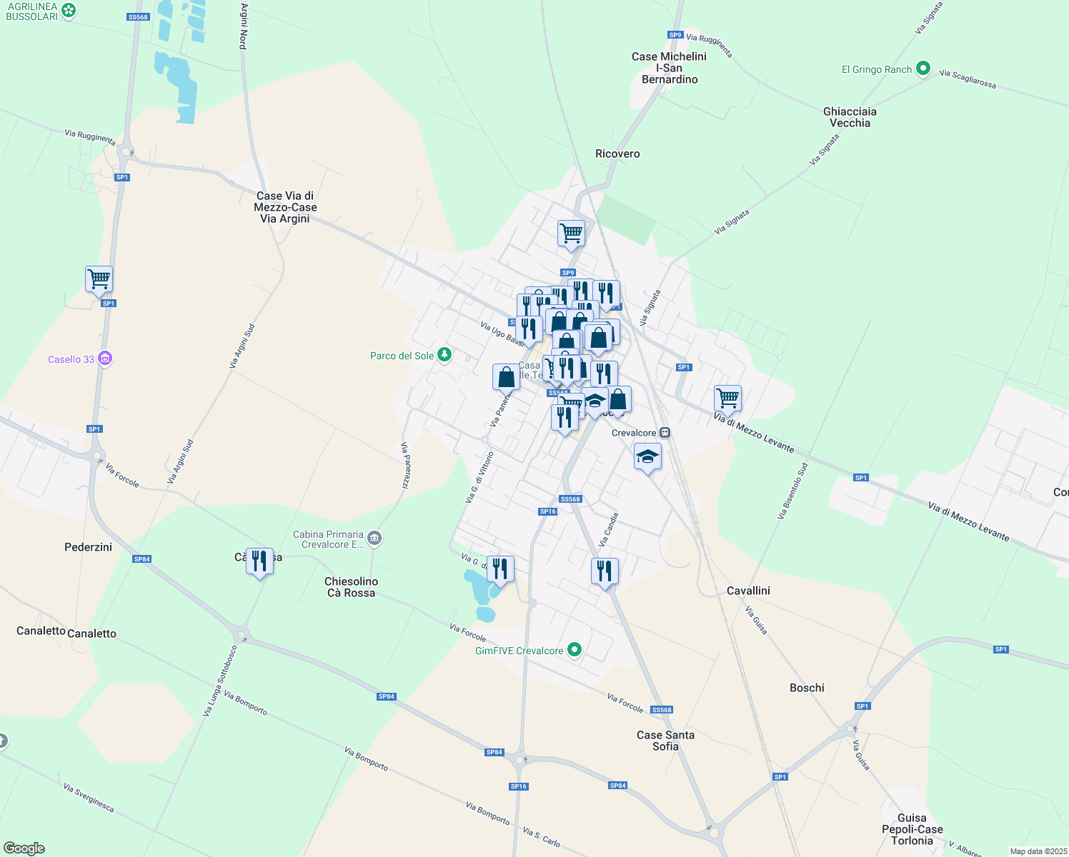 map of restaurants, bars, coffee shops, grocery stores, and more near 159 Via Fratelli Rosselli in Crevalcore