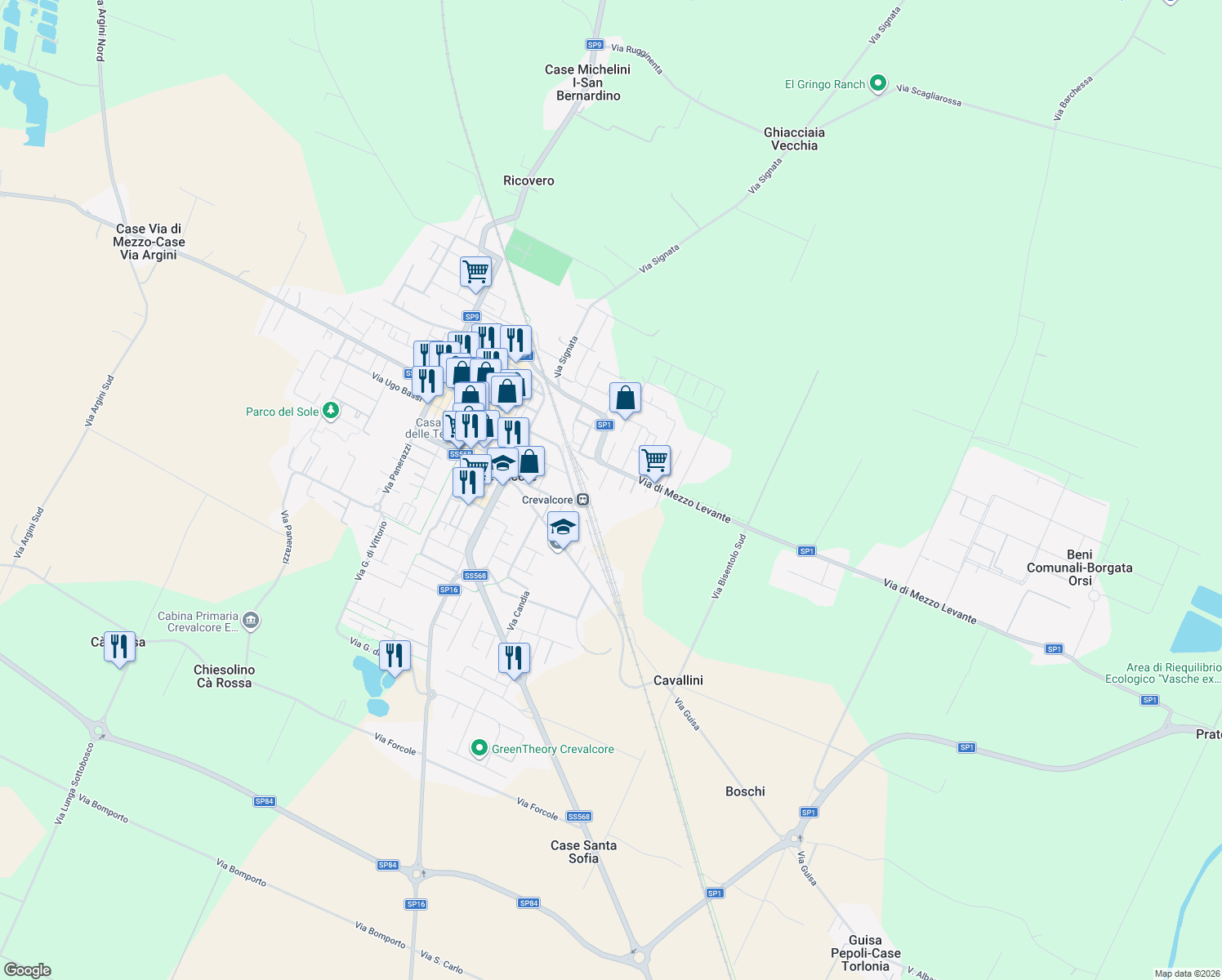map of restaurants, bars, coffee shops, grocery stores, and more near 534 E Via di Mezzo Levante in Crevalcore