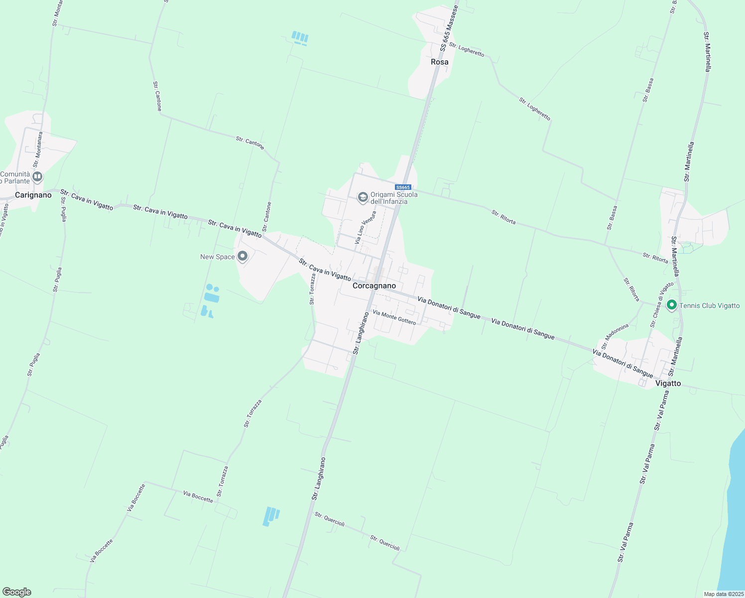 map of restaurants, bars, coffee shops, grocery stores, and more near 439 Strada Langhirano in Corcagnano