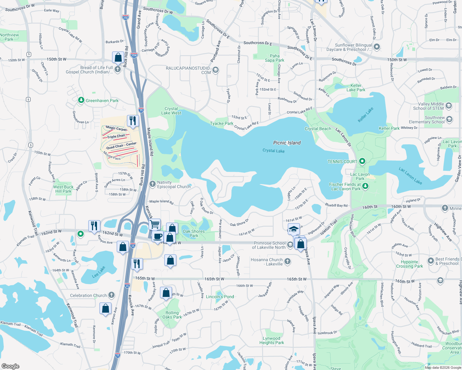 map of restaurants, bars, coffee shops, grocery stores, and more near 315 Maple Island Road in Burnsville