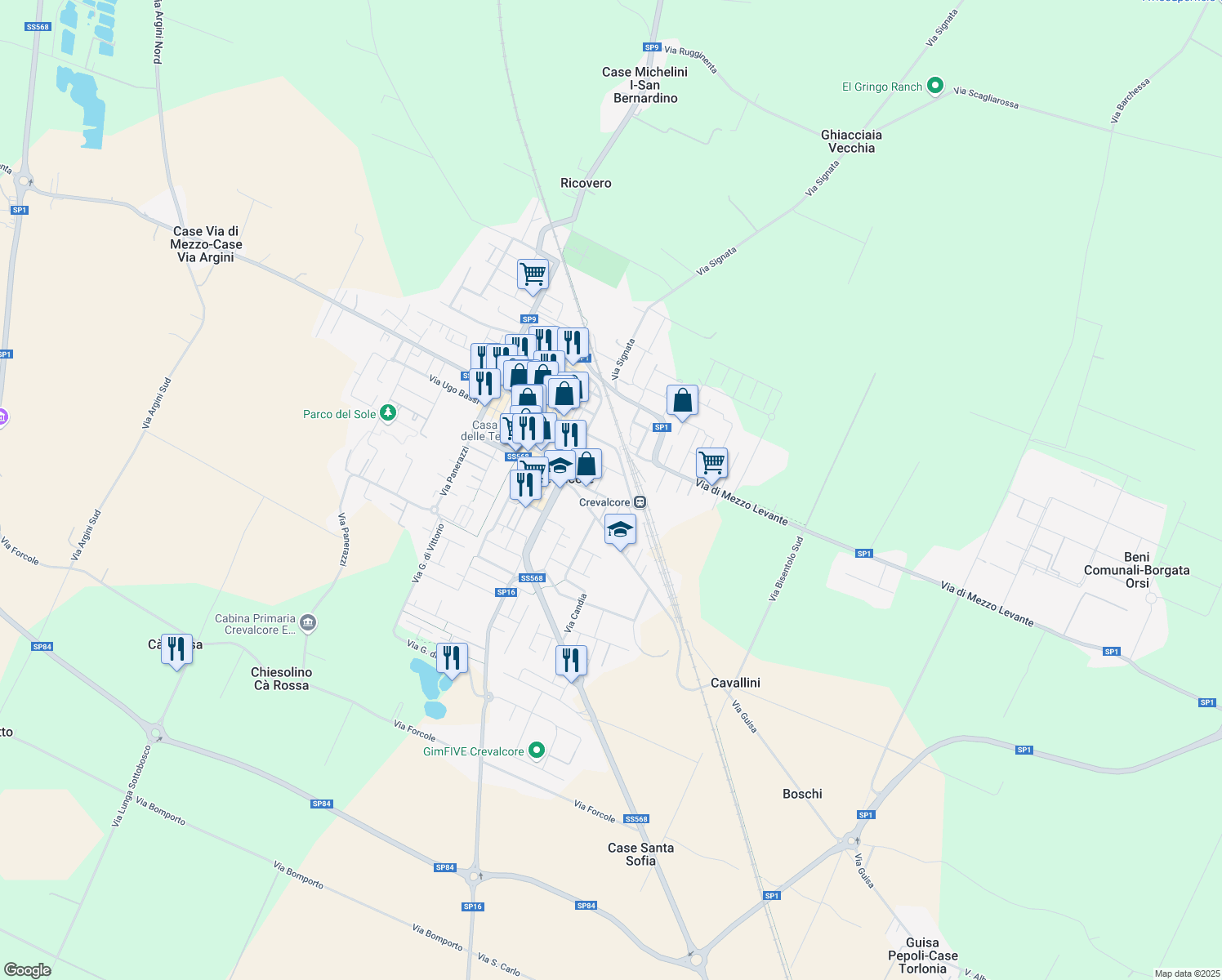 map of restaurants, bars, coffee shops, grocery stores, and more near 149 Via Friggeri in Crevalcore