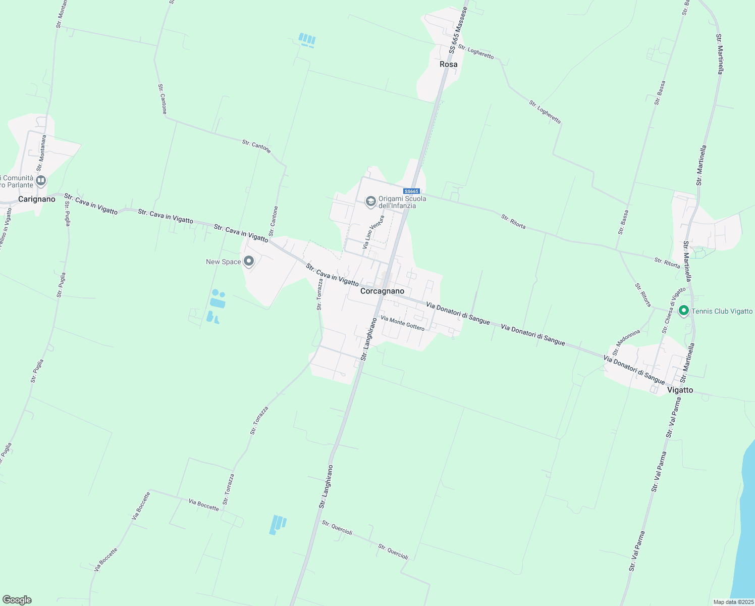 map of restaurants, bars, coffee shops, grocery stores, and more near 439 Strada Langhirano in Corcagnano