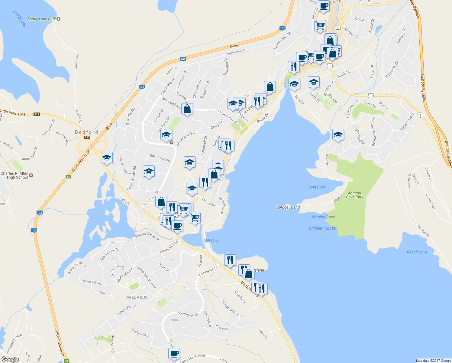 map of restaurants, bars, coffee shops, grocery stores, and more near 5 Arthur Lismer Court in Bedford