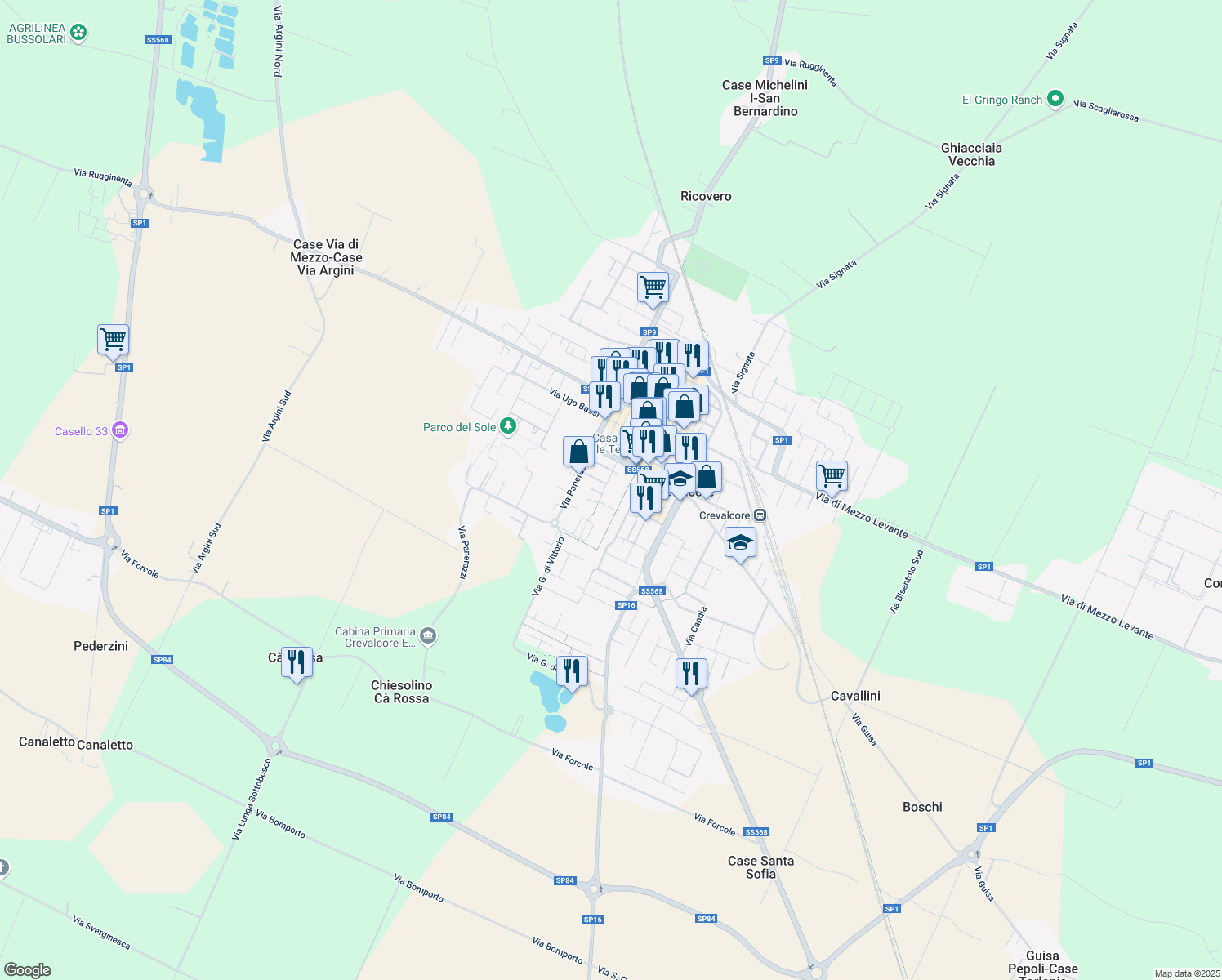 map of restaurants, bars, coffee shops, grocery stores, and more near 159 Via Fratelli Rosselli in Crevalcore
