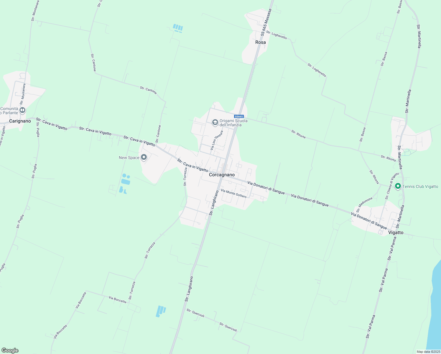 map of restaurants, bars, coffee shops, grocery stores, and more near 439 Strada Langhirano in Corcagnano