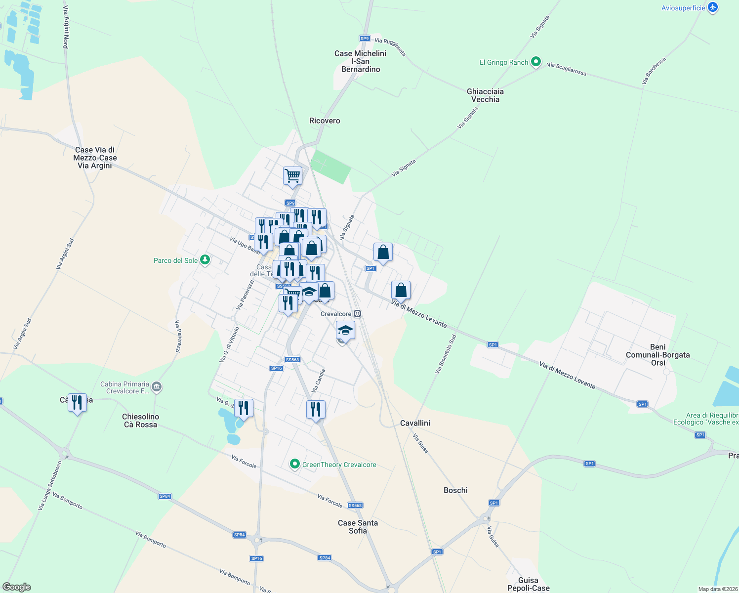 map of restaurants, bars, coffee shops, grocery stores, and more near 534 E Via di Mezzo Levante in Crevalcore