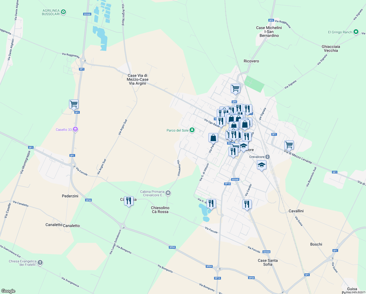 map of restaurants, bars, coffee shops, grocery stores, and more near 714 Via Panerazzi in Crevalcore