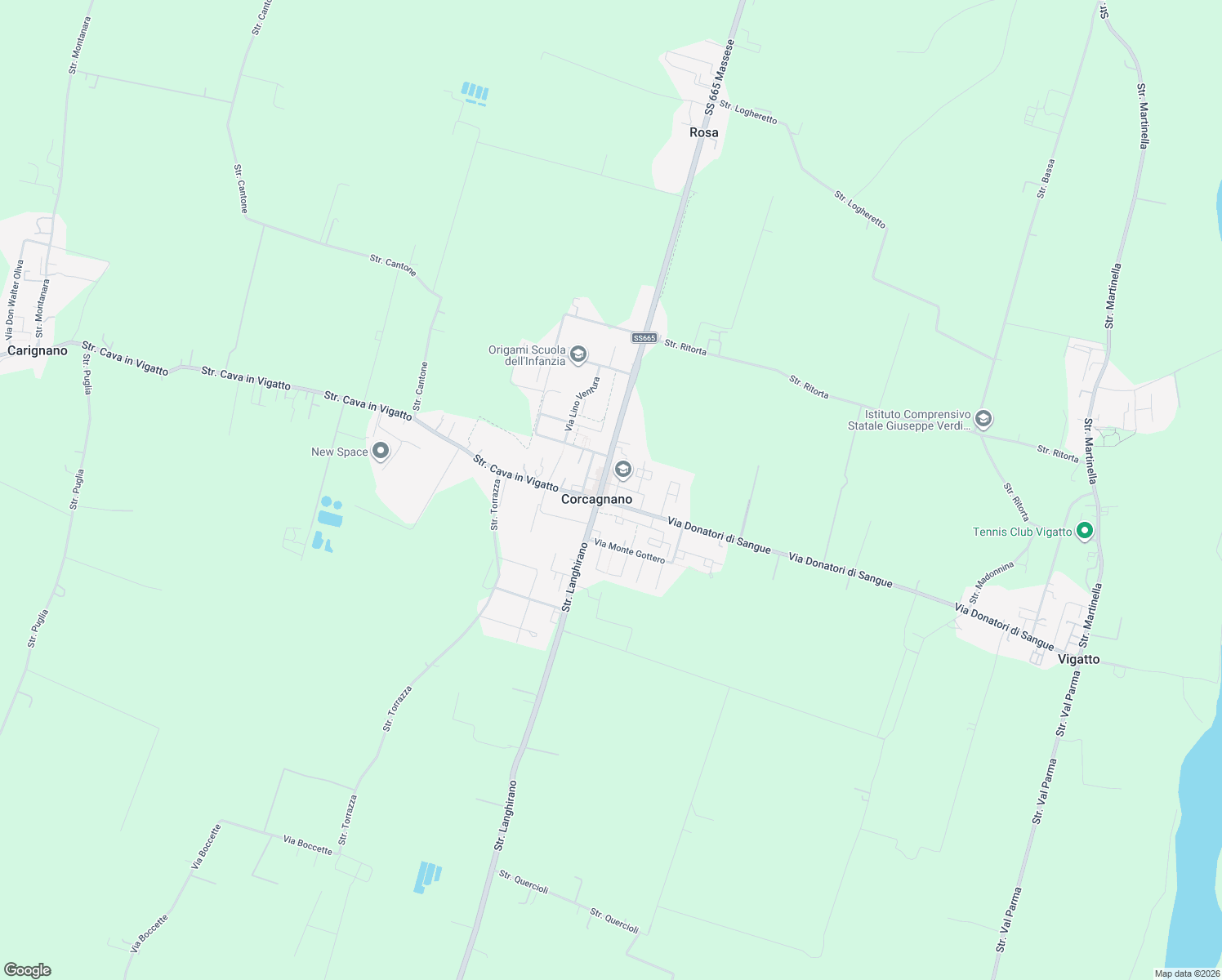 map of restaurants, bars, coffee shops, grocery stores, and more near 433 Strada Langhirano in Corcagnano