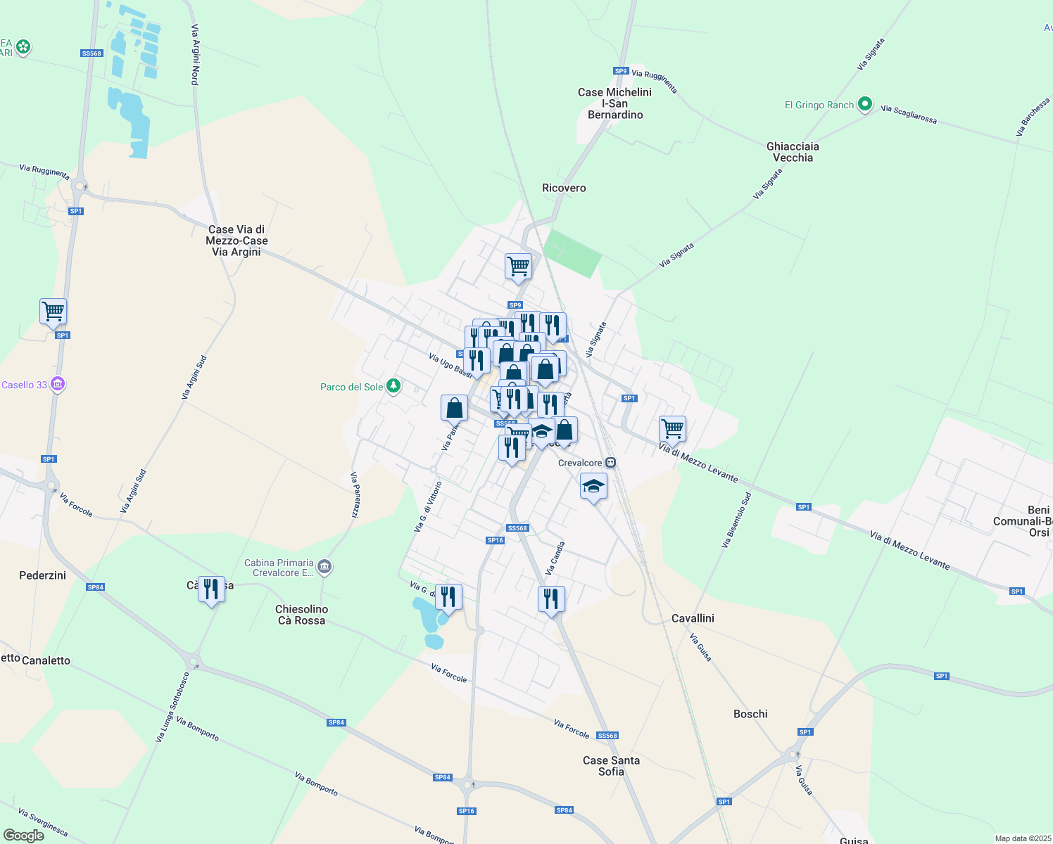 map of restaurants, bars, coffee shops, grocery stores, and more near 99 Viale Guglielmo Marconi in Crevalcore