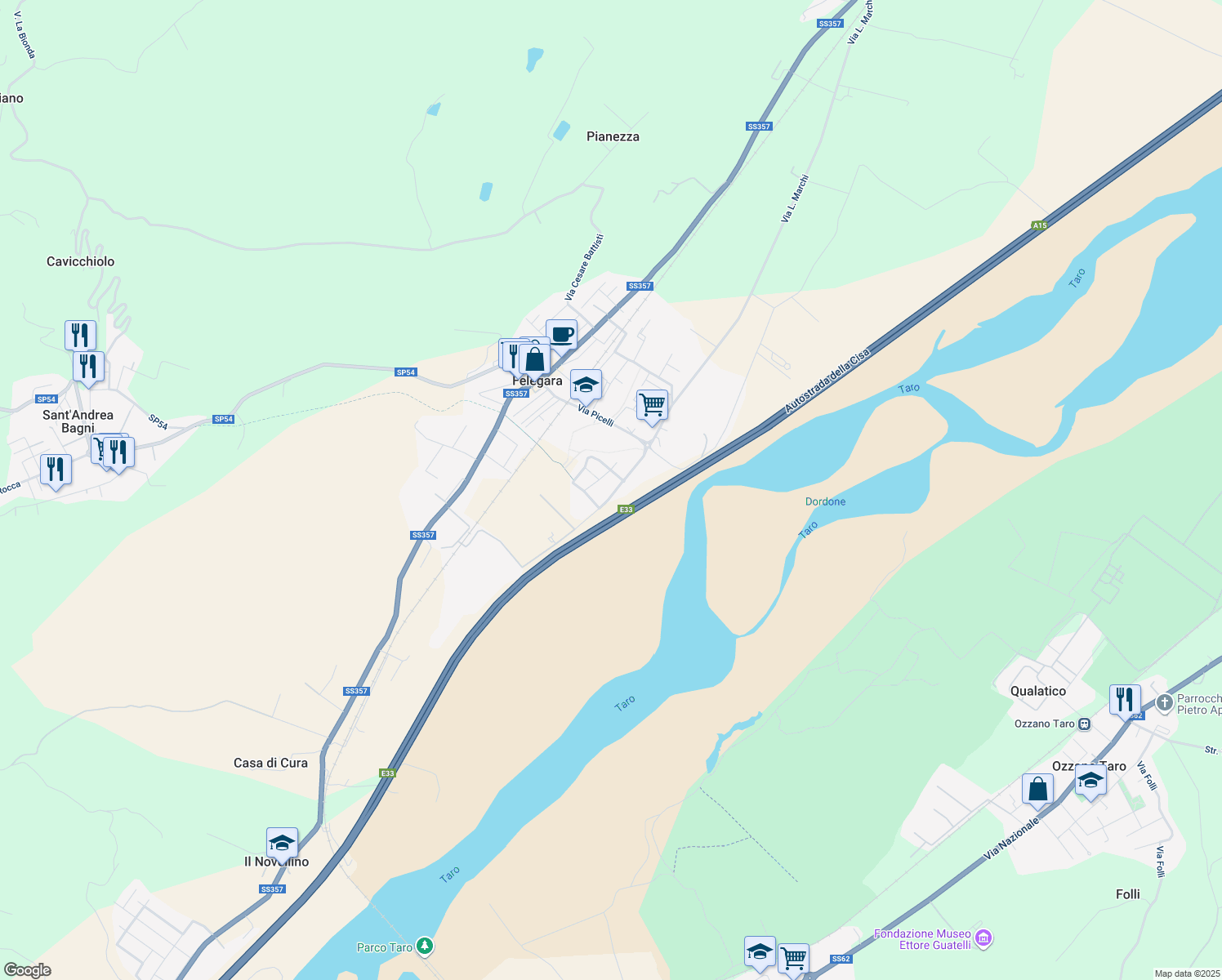 map of restaurants, bars, coffee shops, grocery stores, and more near 28 Via Dordone in Felegara