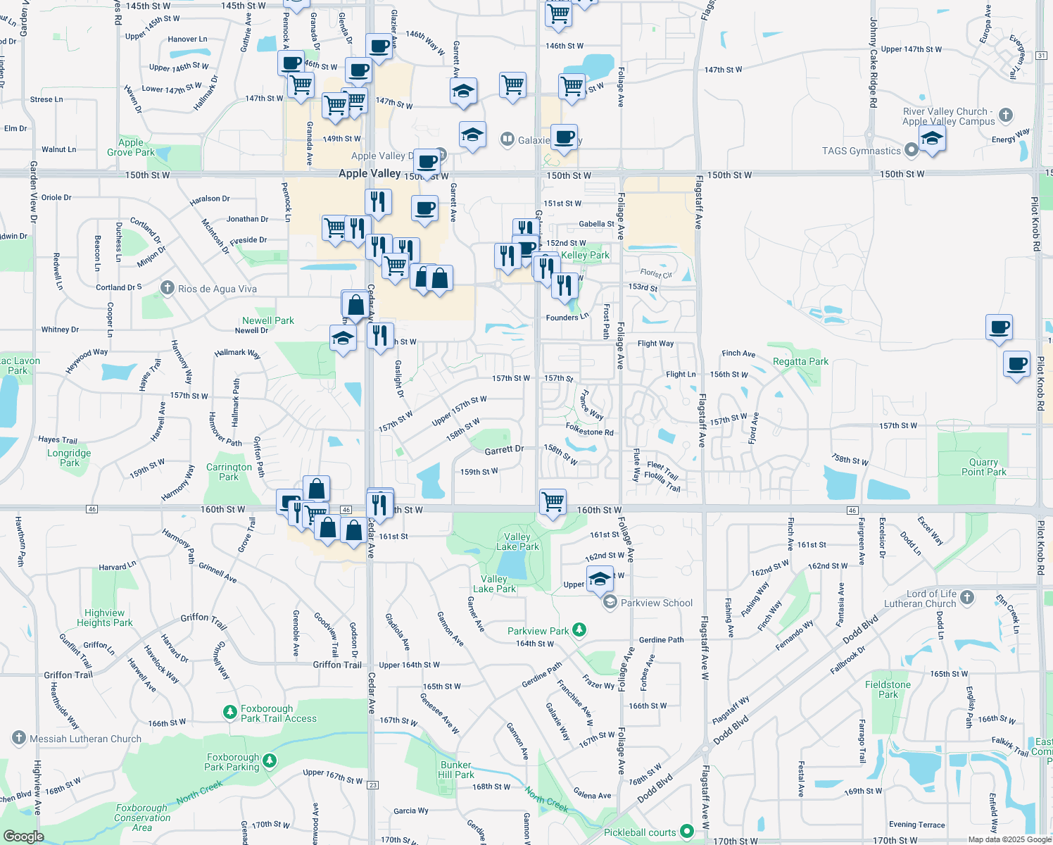 map of restaurants, bars, coffee shops, grocery stores, and more near 15832 Galveston Avenue in Apple Valley