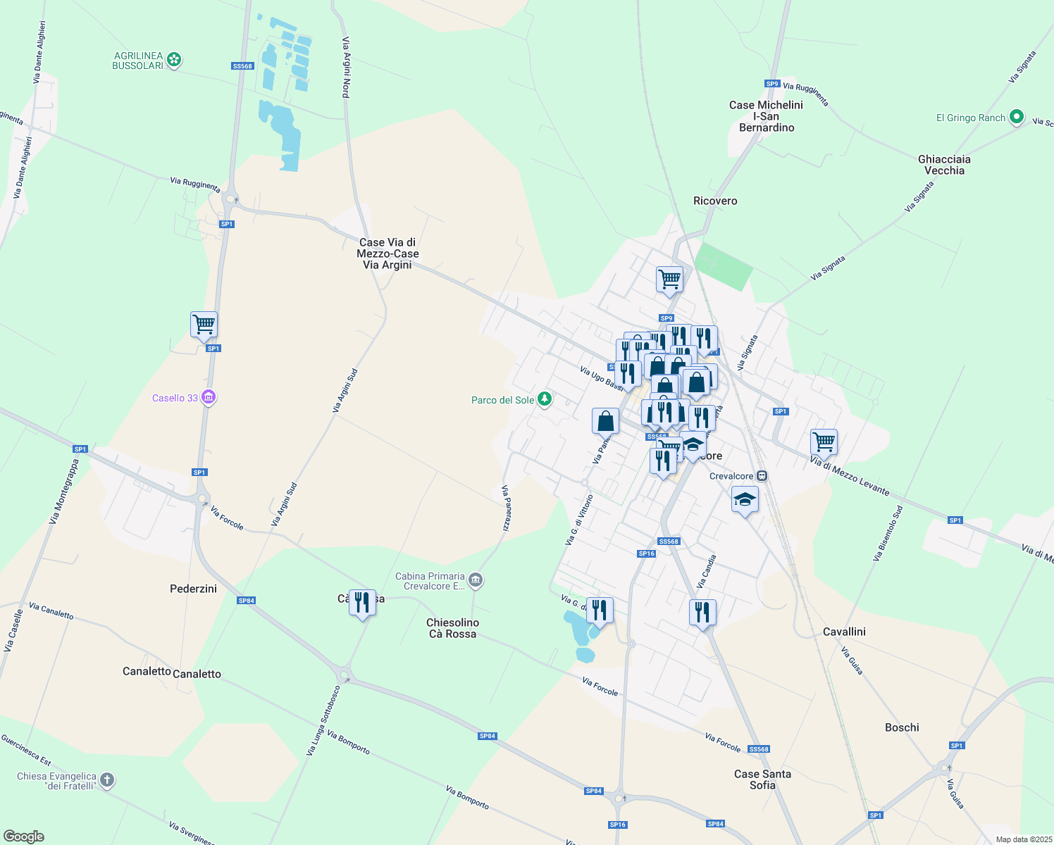 map of restaurants, bars, coffee shops, grocery stores, and more near 714 A Via Panerazzi in Crevalcore