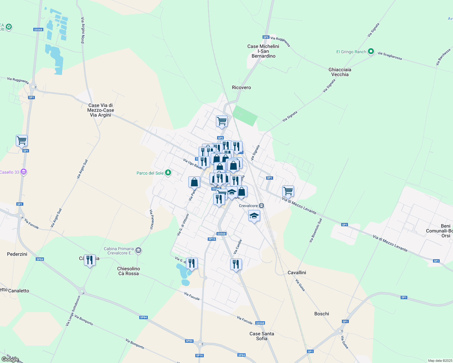 map of restaurants, bars, coffee shops, grocery stores, and more near 91-99 Viale Guglielmo Marconi in Crevalcore