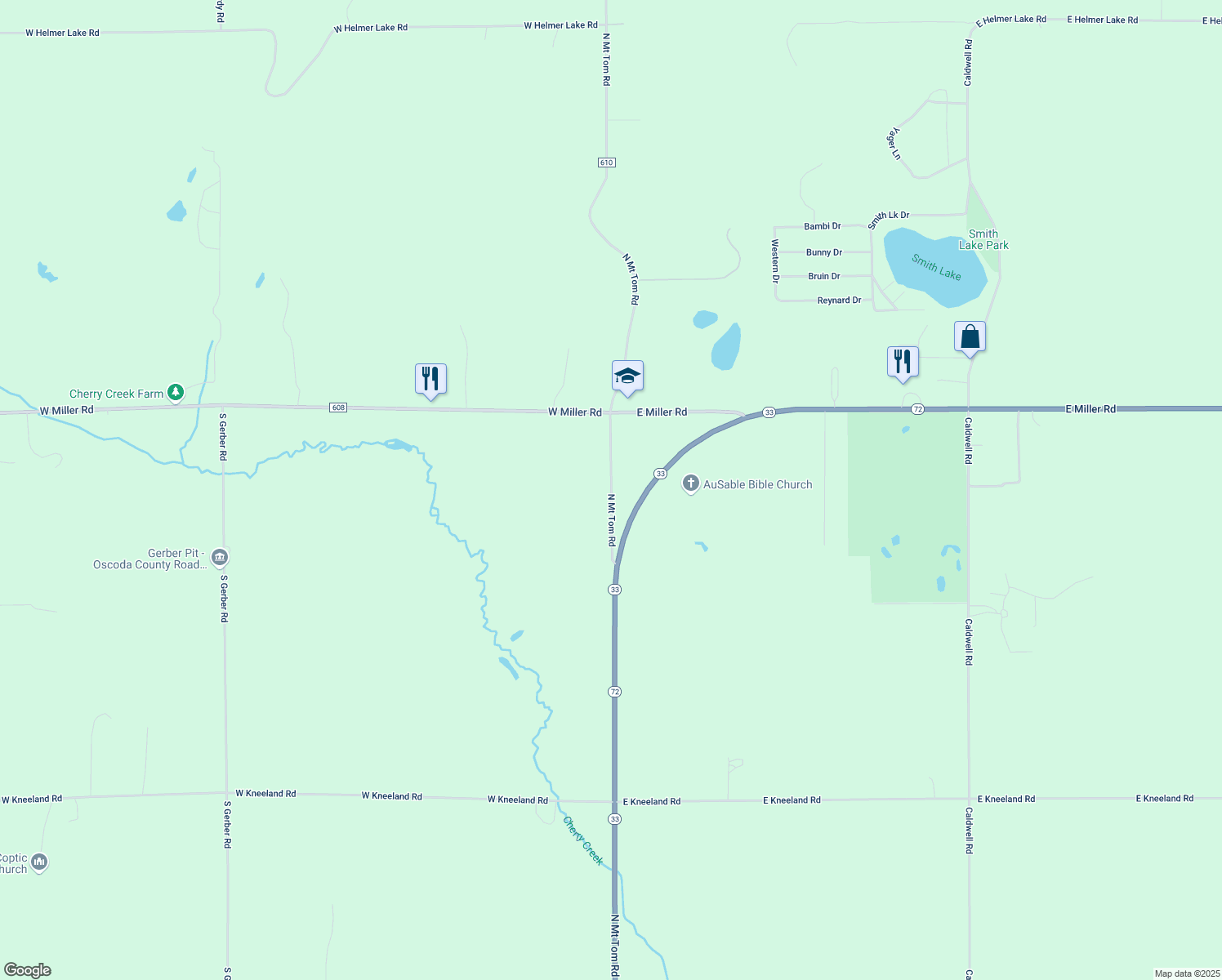 map of restaurants, bars, coffee shops, grocery stores, and more near North Mount Tom Road in Mio