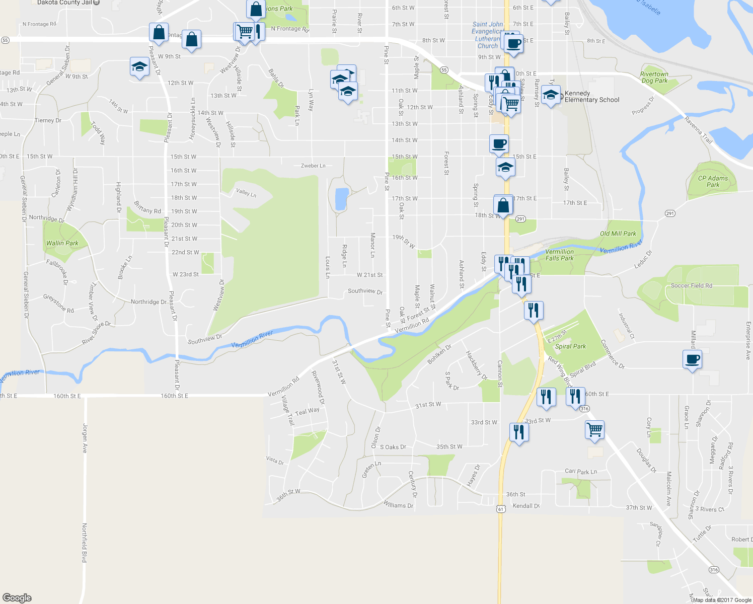 map of restaurants, bars, coffee shops, grocery stores, and more near 2471 Southview Court in Hastings