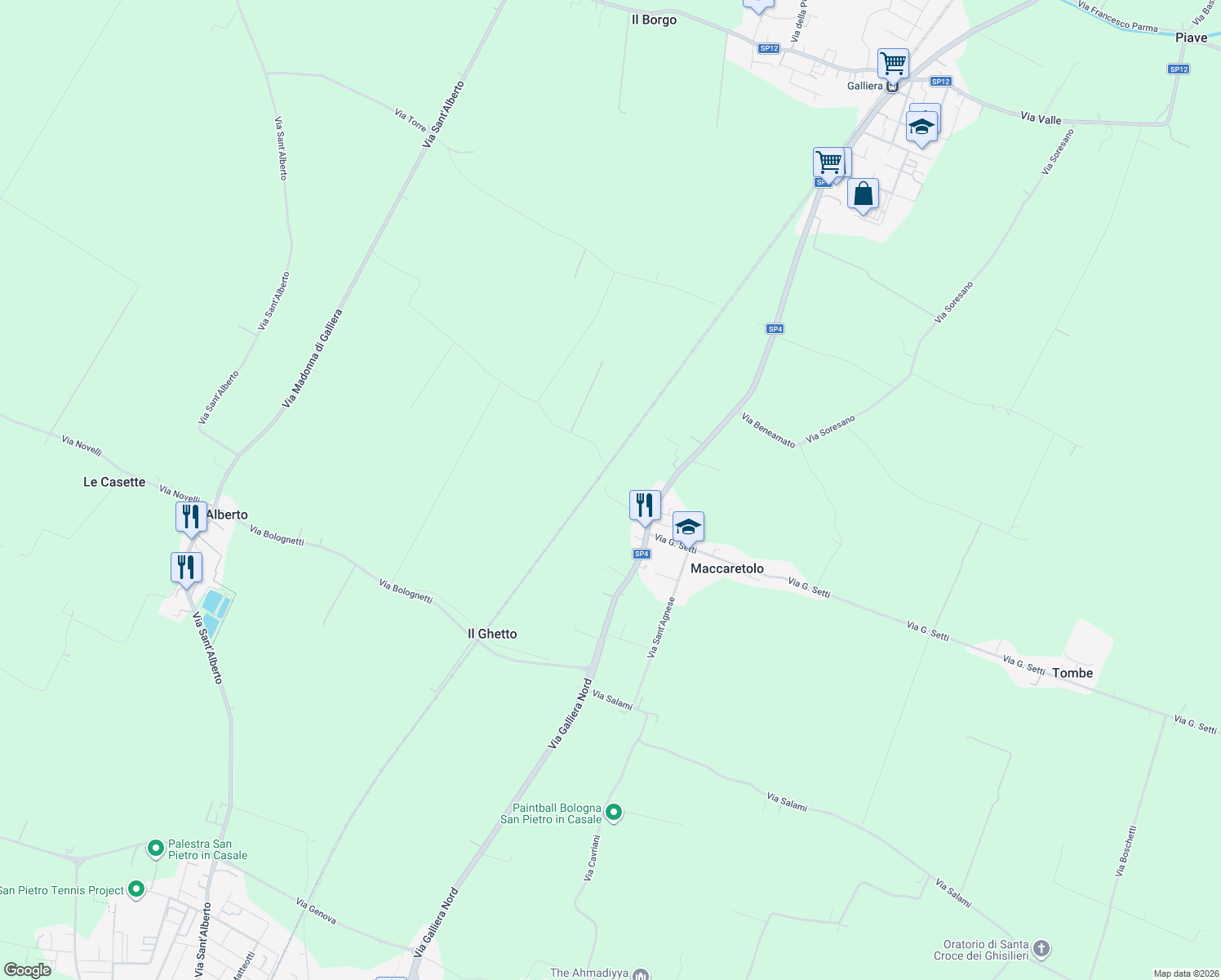 map of restaurants, bars, coffee shops, grocery stores, and more near 188 Via Mussolina in Città Metropolitana di Bologna