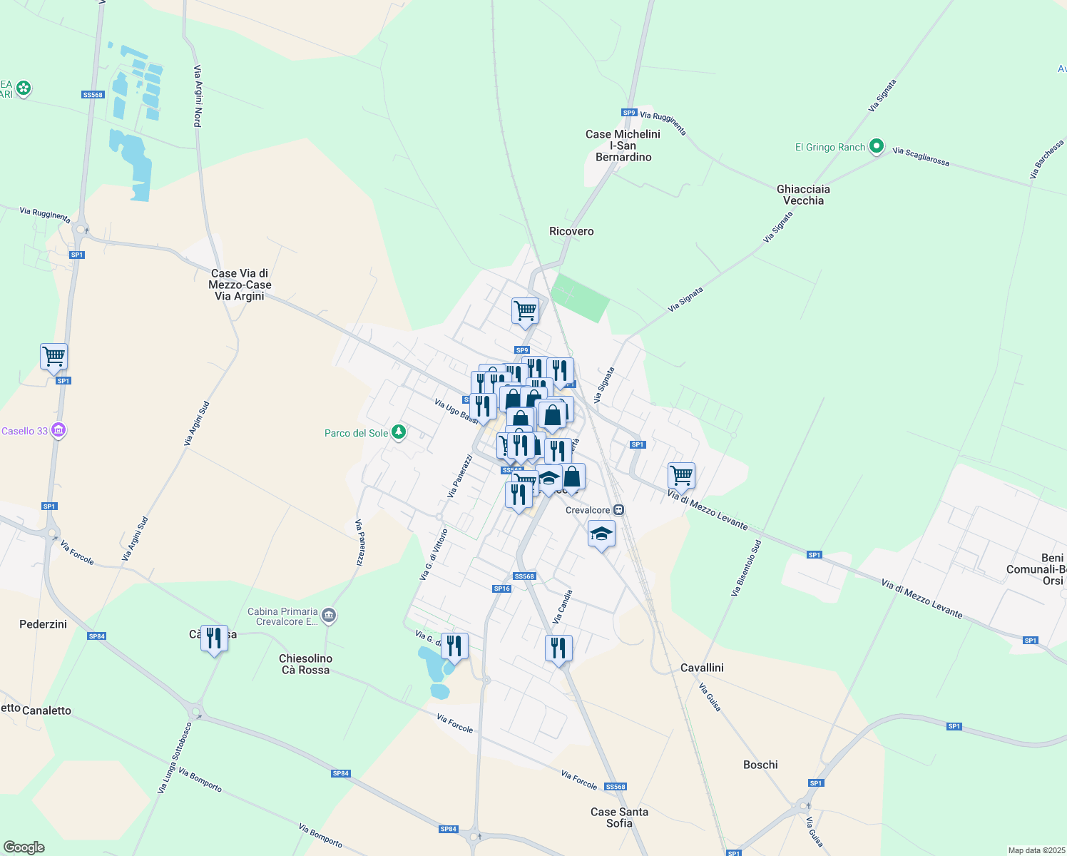 map of restaurants, bars, coffee shops, grocery stores, and more near 15 Via A. Leonelli in Crevalcore