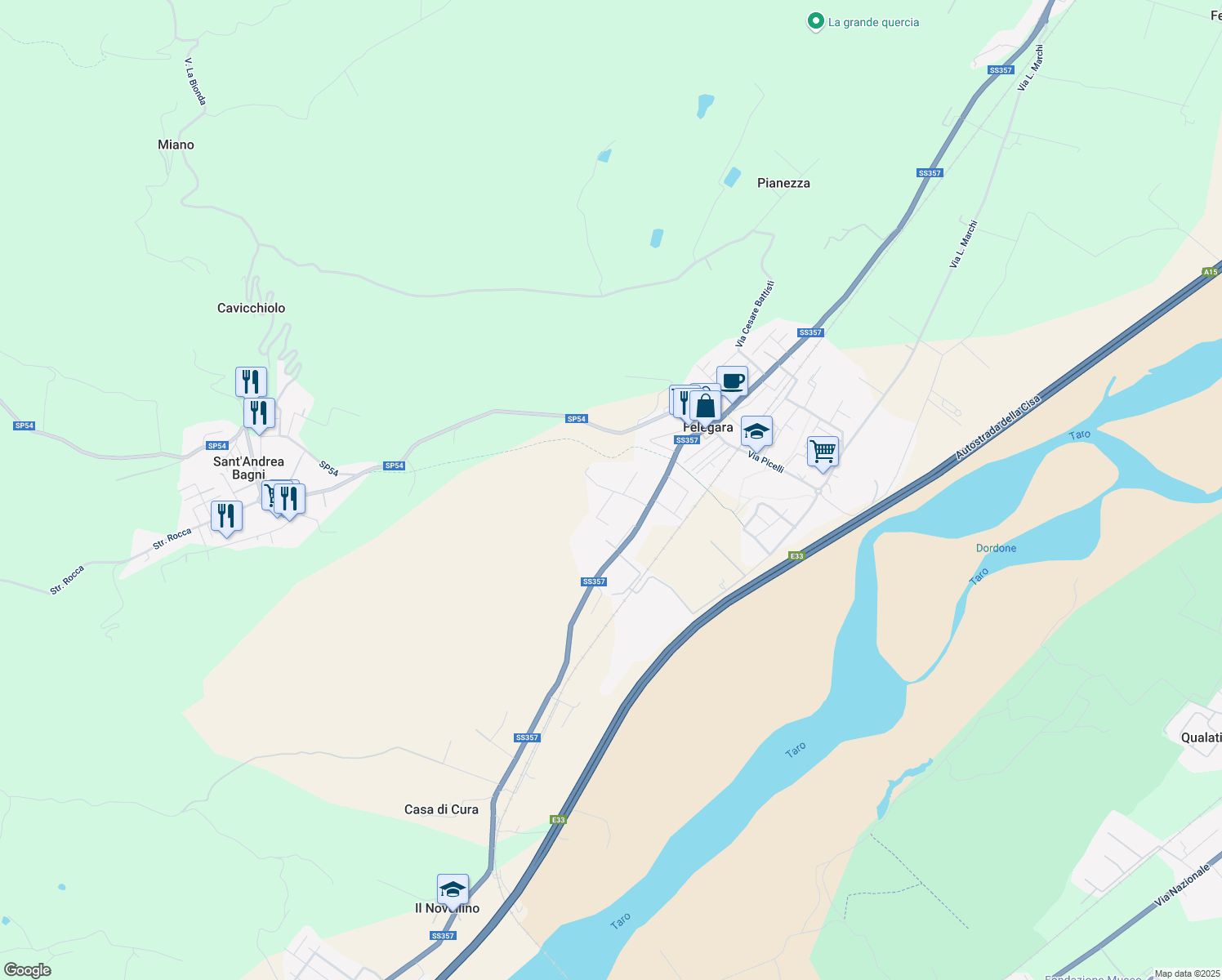 map of restaurants, bars, coffee shops, grocery stores, and more near 2 Via Sandro Pertini in Felegara