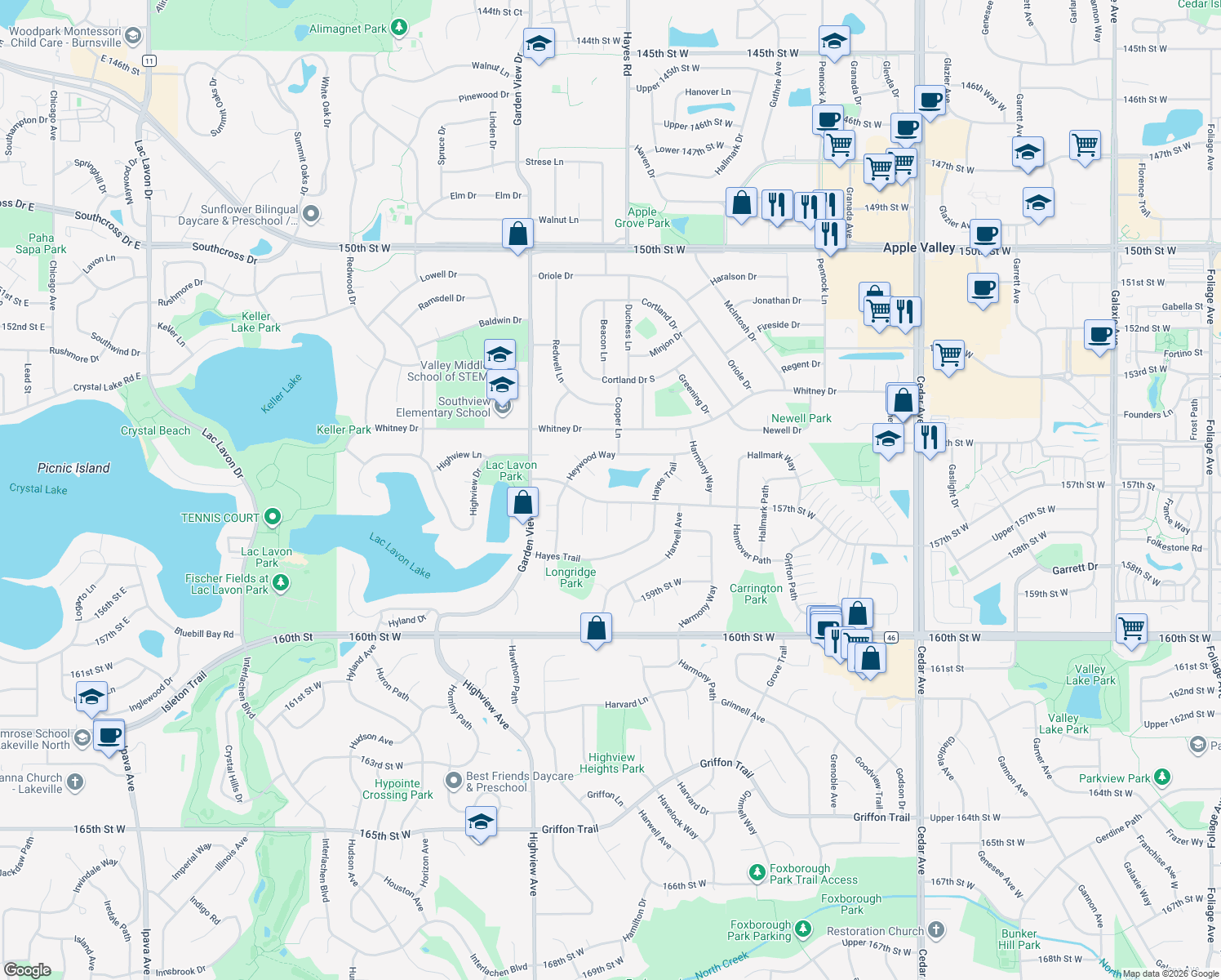 map of restaurants, bars, coffee shops, grocery stores, and more near 8273 157th St W in Apple Valley