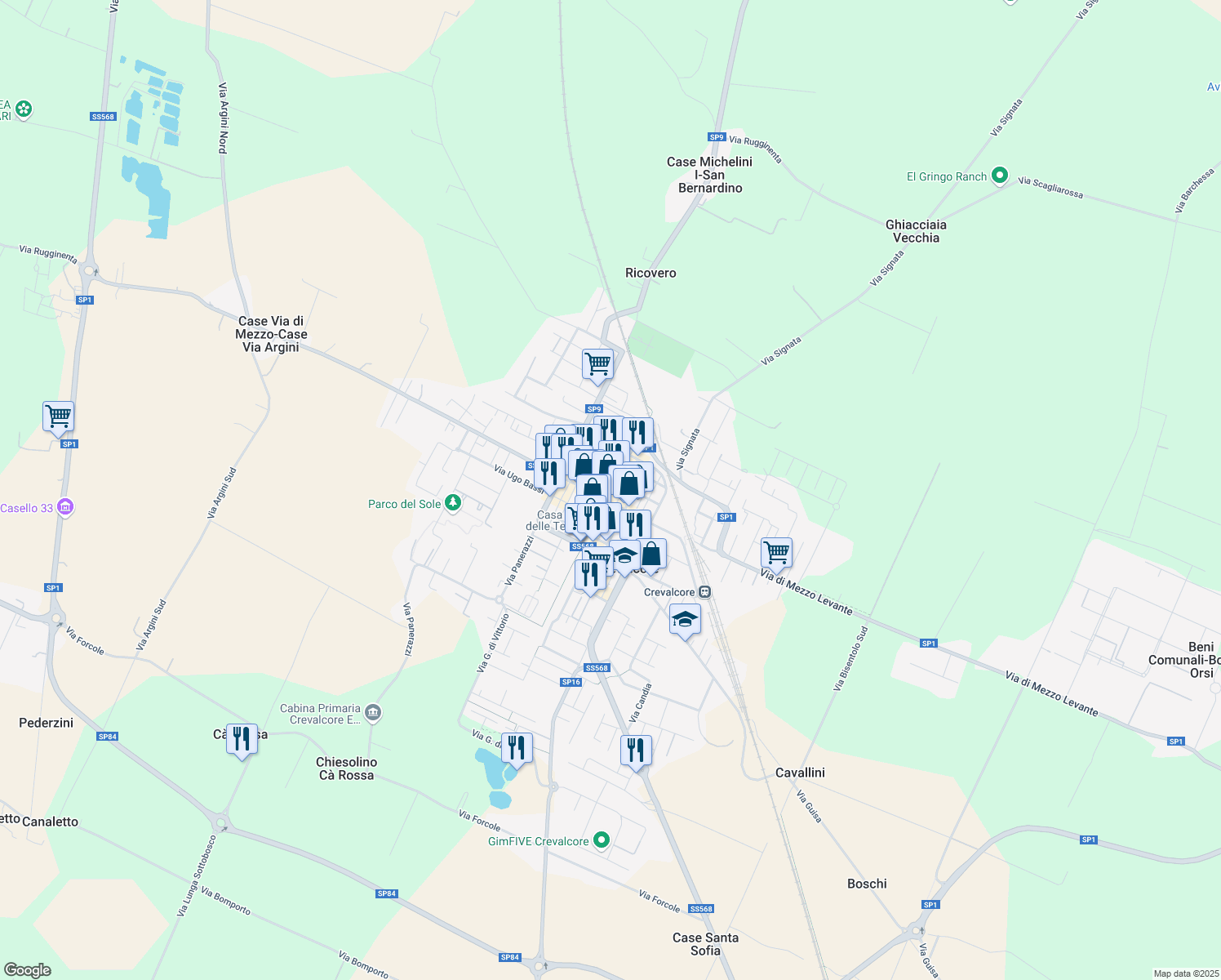 map of restaurants, bars, coffee shops, grocery stores, and more near 15 Via A. Leonelli in Crevalcore