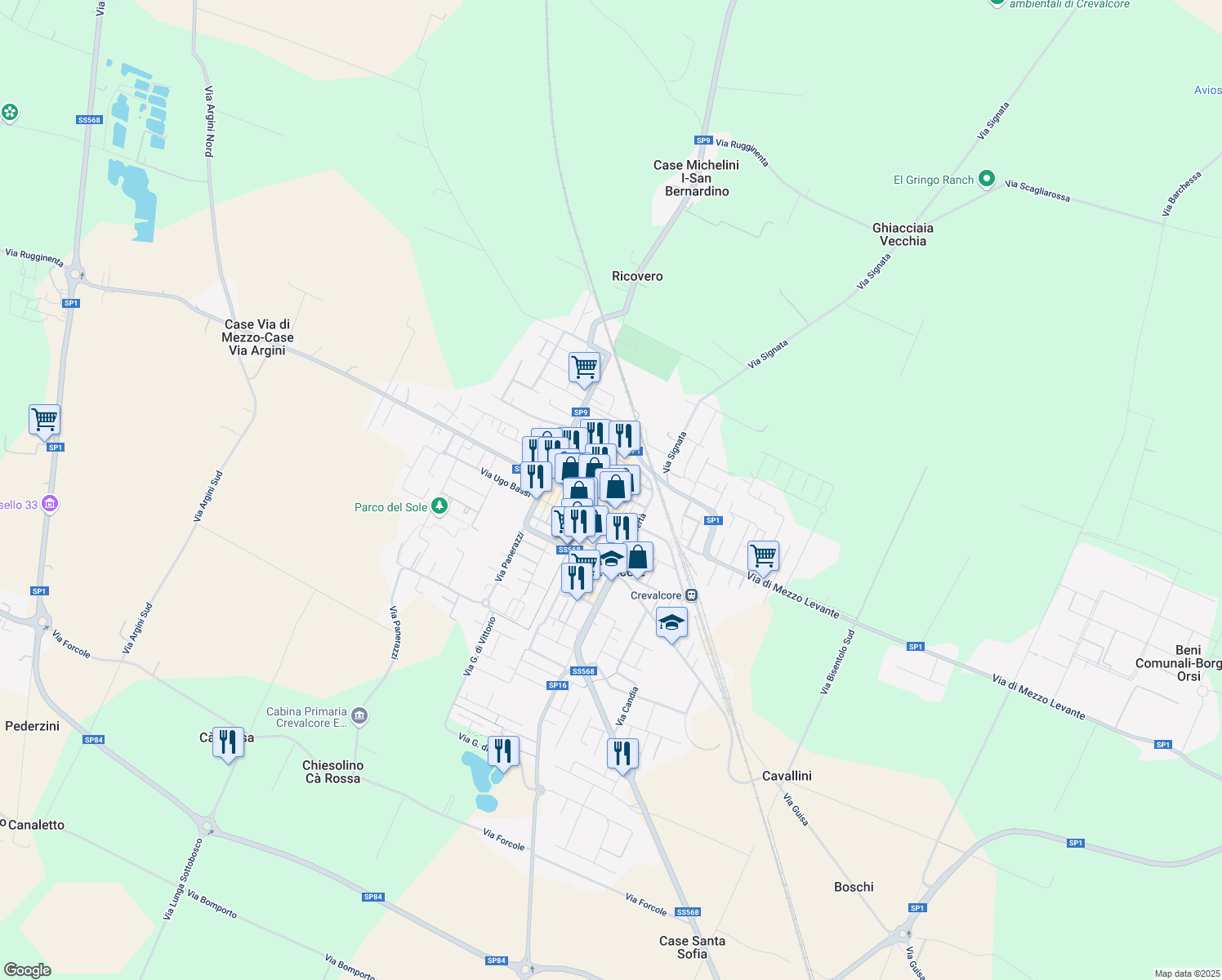 map of restaurants, bars, coffee shops, grocery stores, and more near 15 Via A. Leonelli in Crevalcore