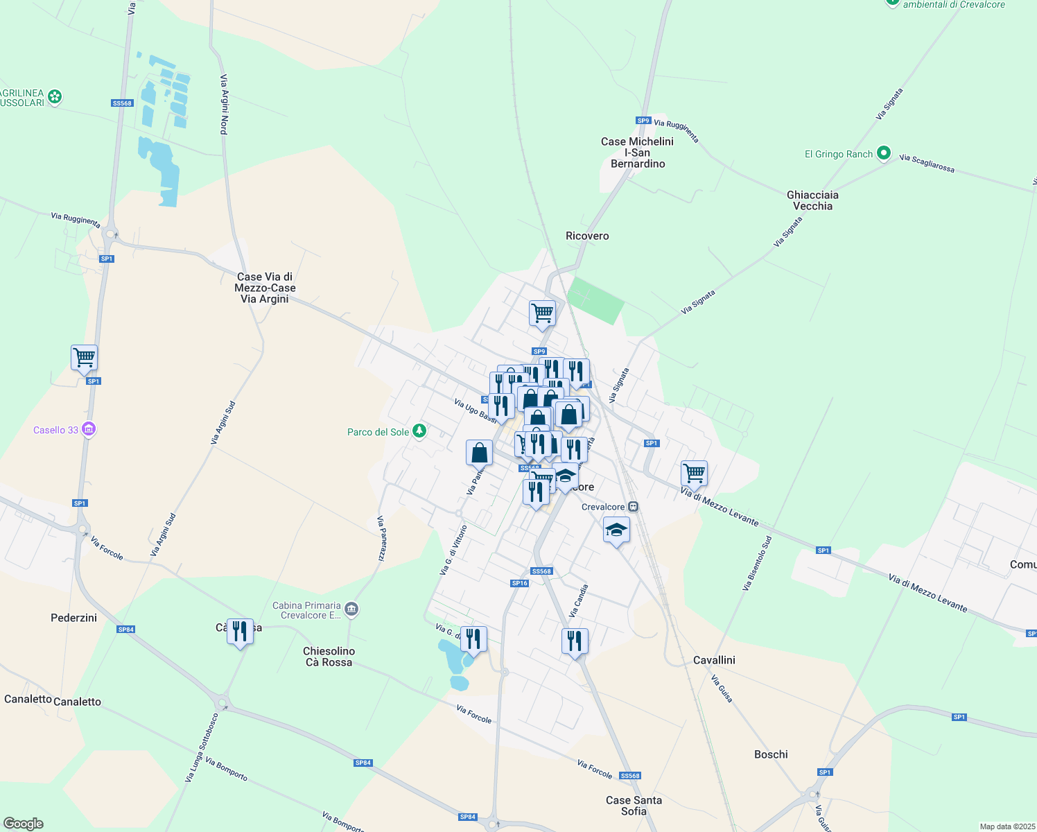 map of restaurants, bars, coffee shops, grocery stores, and more near 102 Via San Martino in Crevalcore