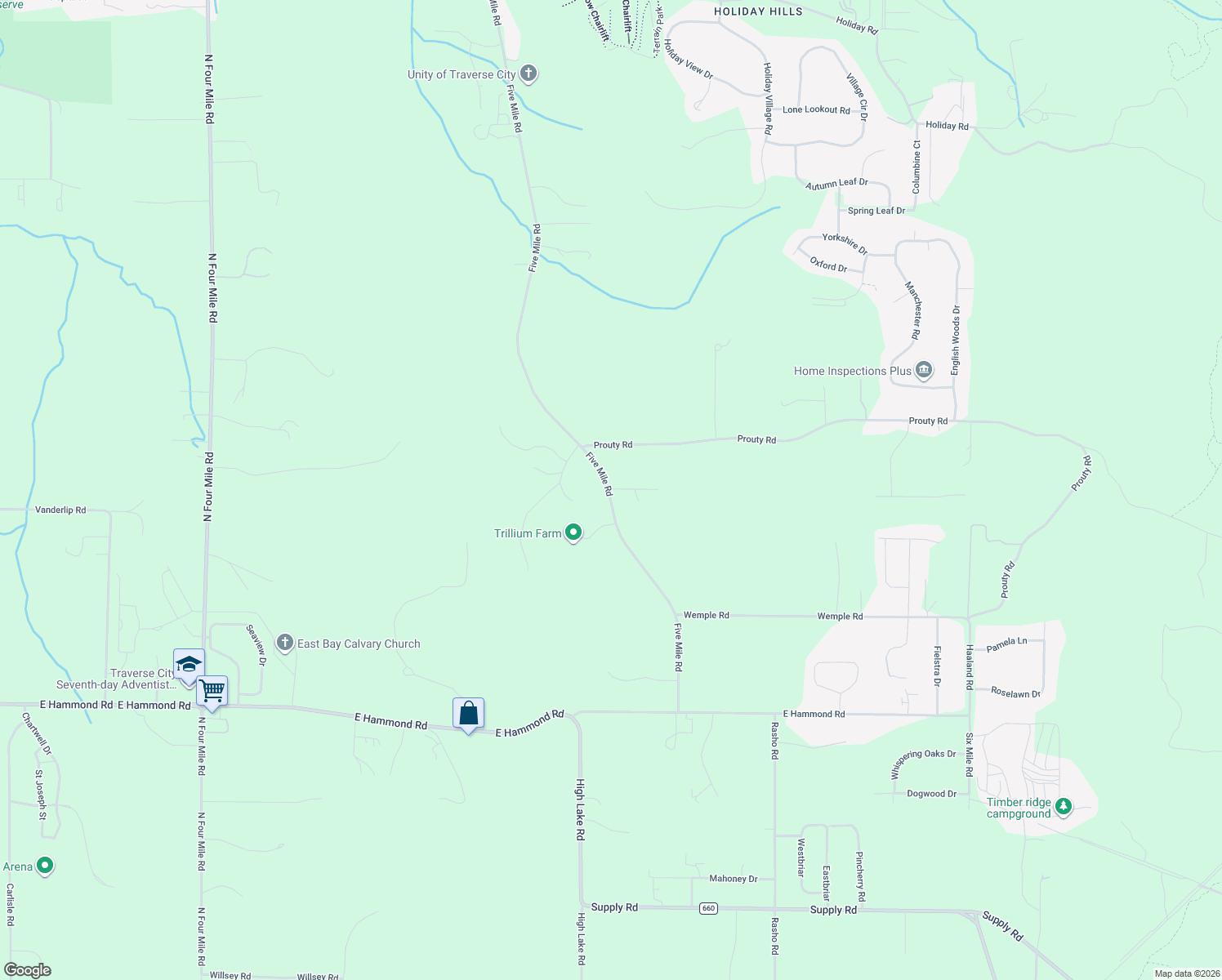 map of restaurants, bars, coffee shops, grocery stores, and more near 2599 5 Mile Rd in Traverse City