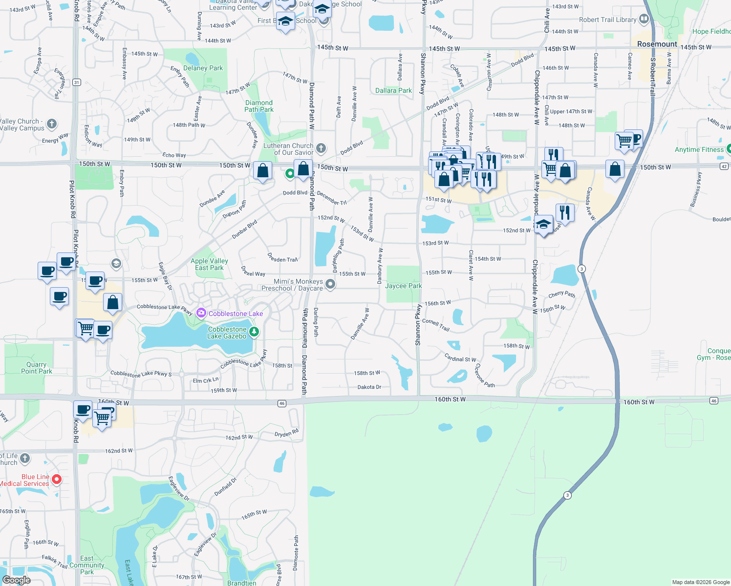 map of restaurants, bars, coffee shops, grocery stores, and more near 15430 Darling Path in Rosemount