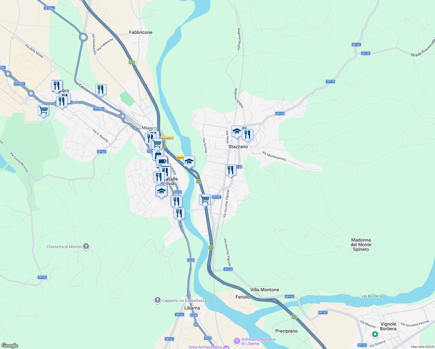 map of restaurants, bars, coffee shops, grocery stores, and more near 38 Viale della Vittoria in Stazzano