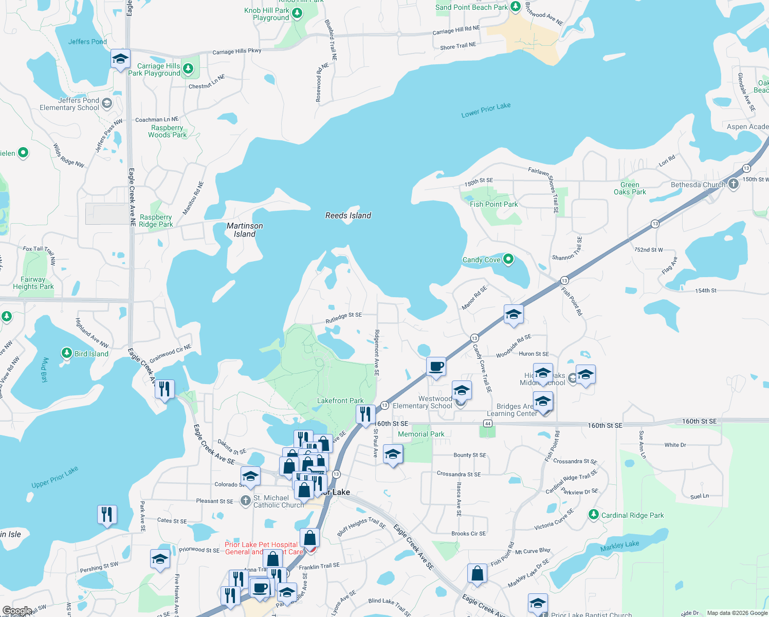 map of restaurants, bars, coffee shops, grocery stores, and more near 15543 Ridgemont Avenue Southeast in Prior Lake