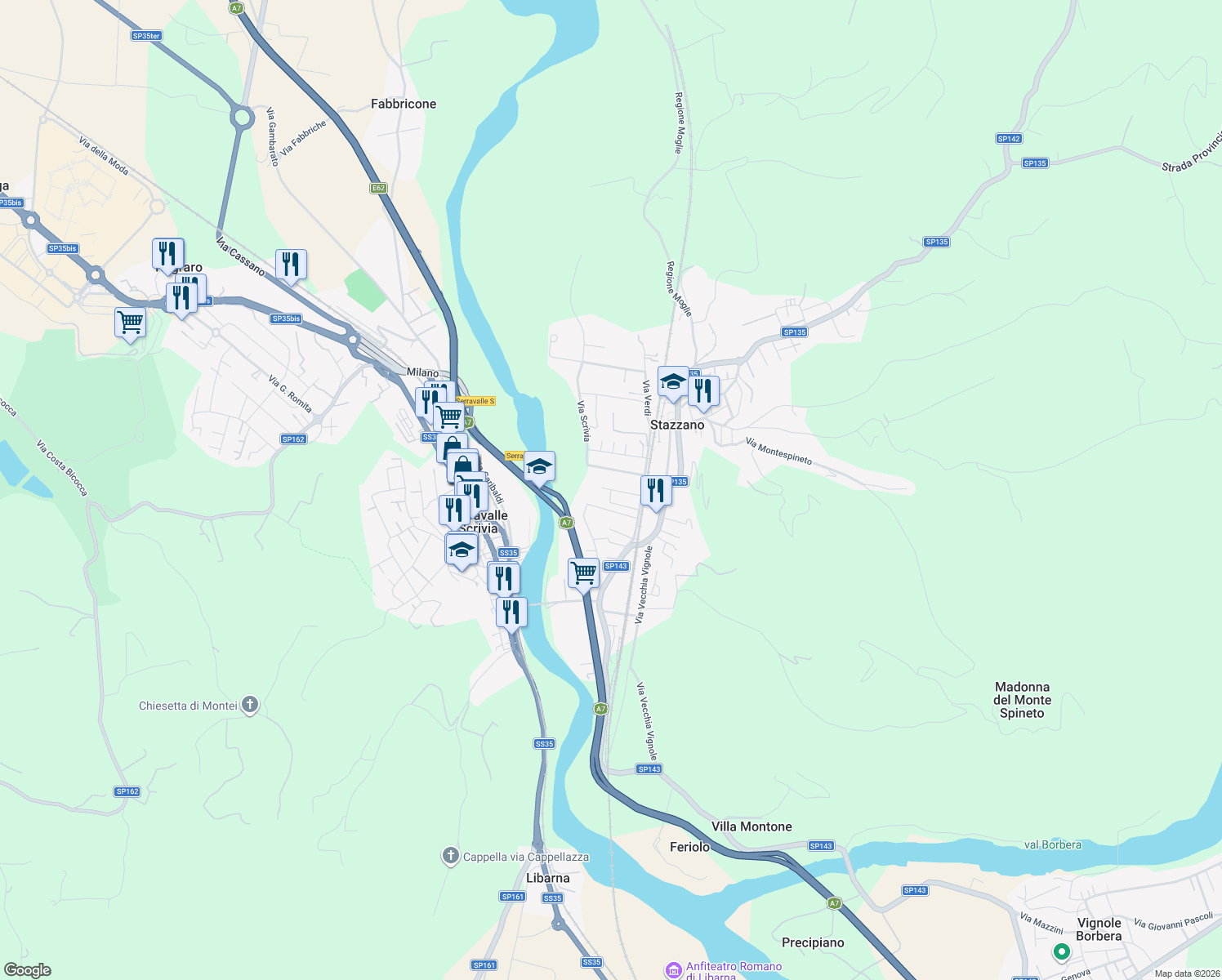 map of restaurants, bars, coffee shops, grocery stores, and more near 38 Viale della Vittoria in Stazzano