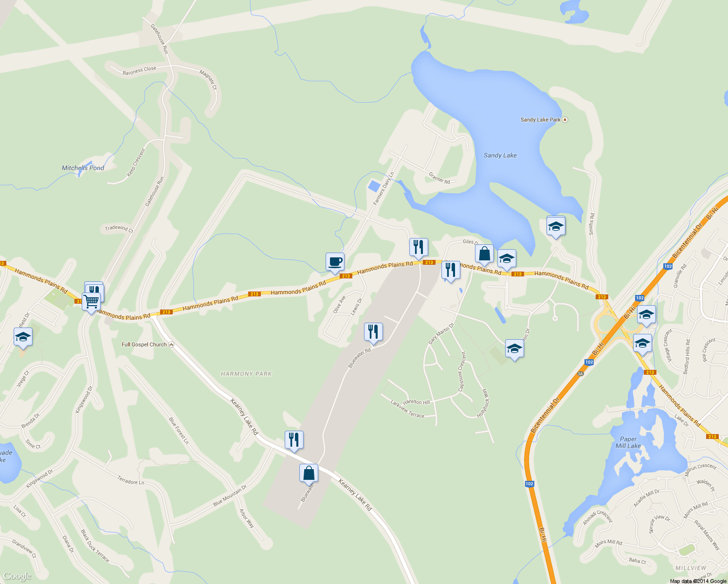 map of restaurants, bars, coffee shops, grocery stores, and more near 27 Lewis Drive in Bedford