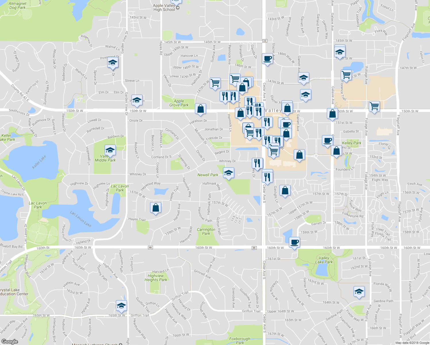 map of restaurants, bars, coffee shops, grocery stores, and more near 775 Newell Drive in Apple Valley