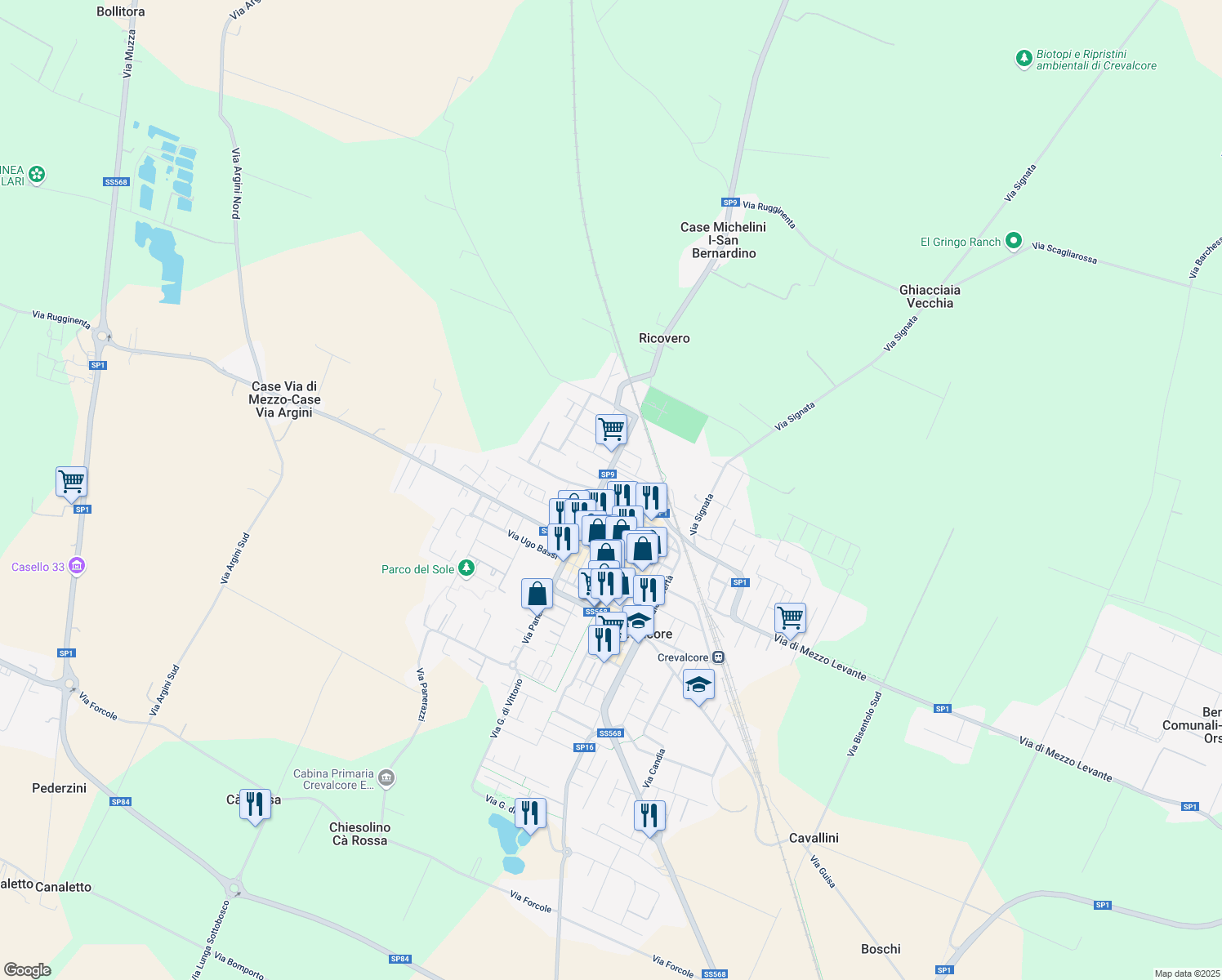 map of restaurants, bars, coffee shops, grocery stores, and more near Strada Provinciale 9 in Crevalcore
