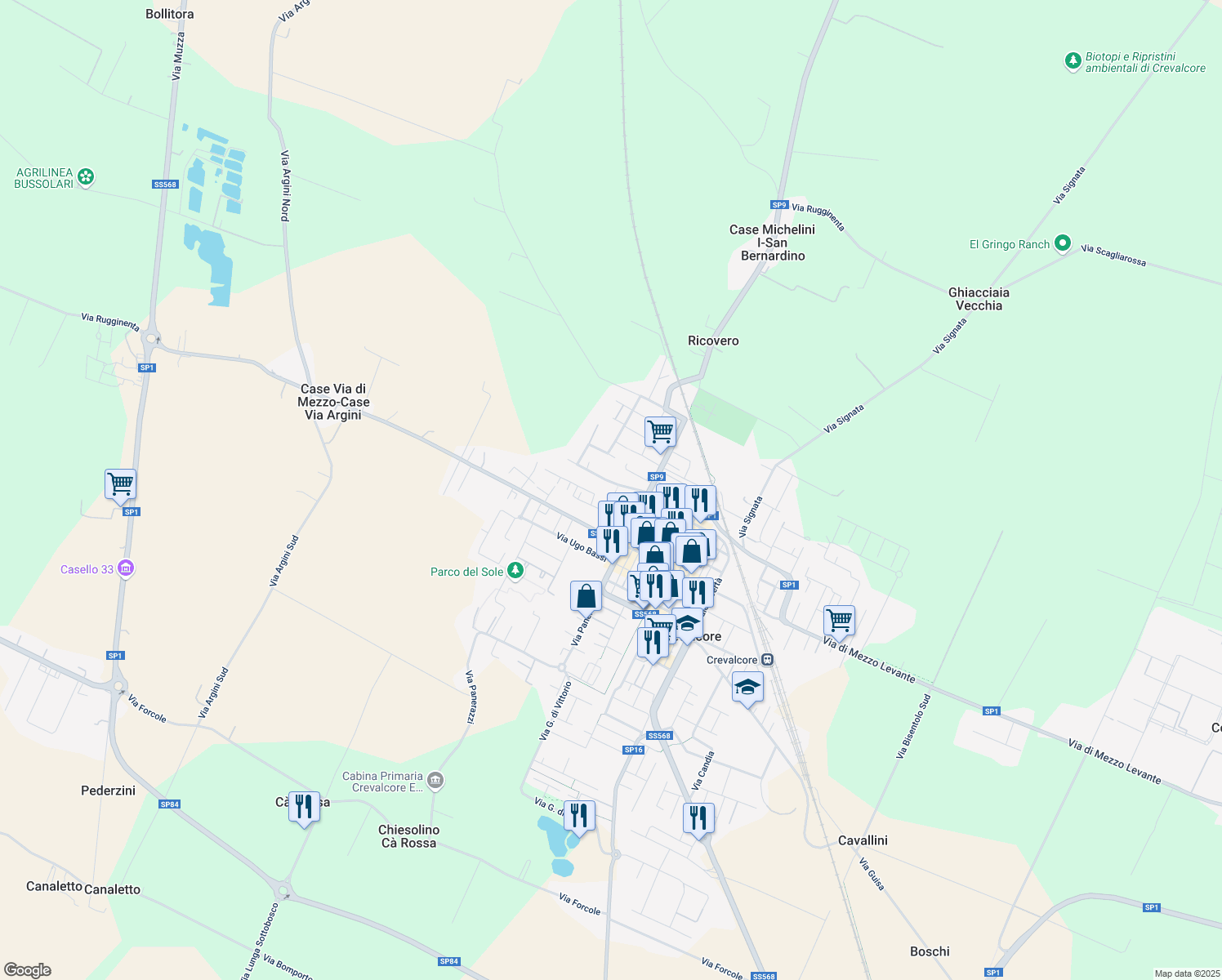 map of restaurants, bars, coffee shops, grocery stores, and more near 116 Via Dante Alighieri in Crevalcore