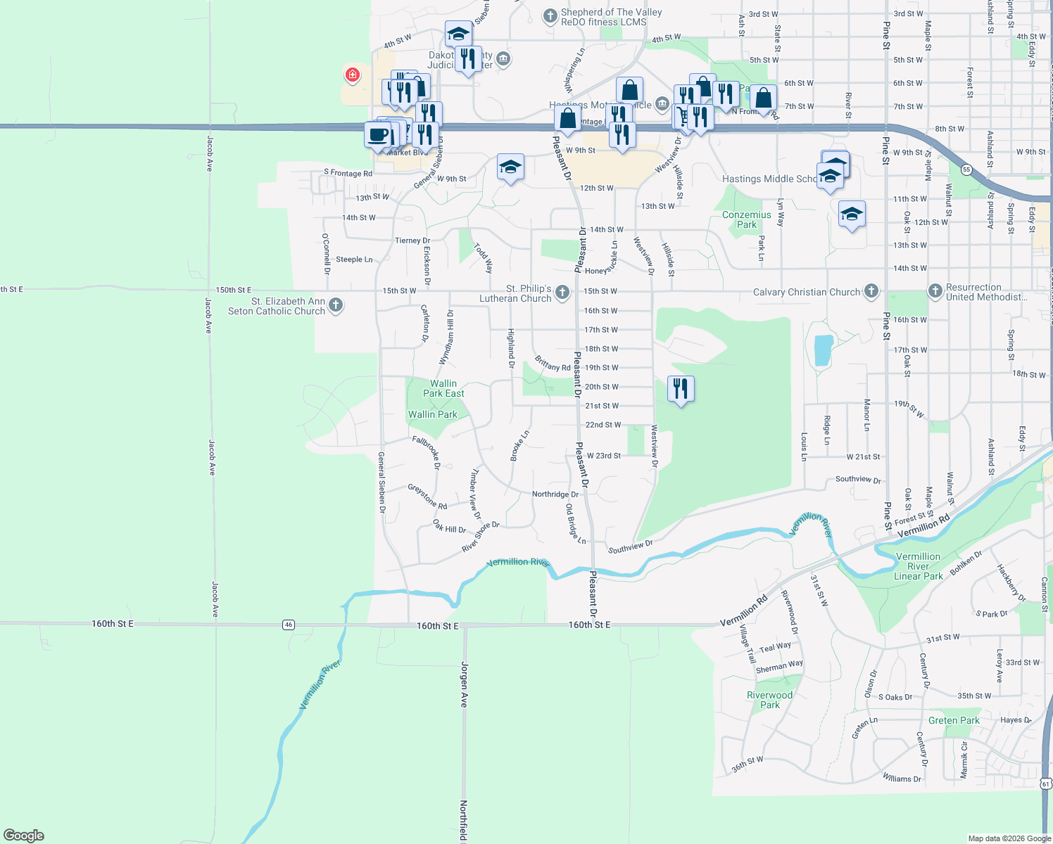 map of restaurants, bars, coffee shops, grocery stores, and more near 2150 Brooke Lane in Hastings