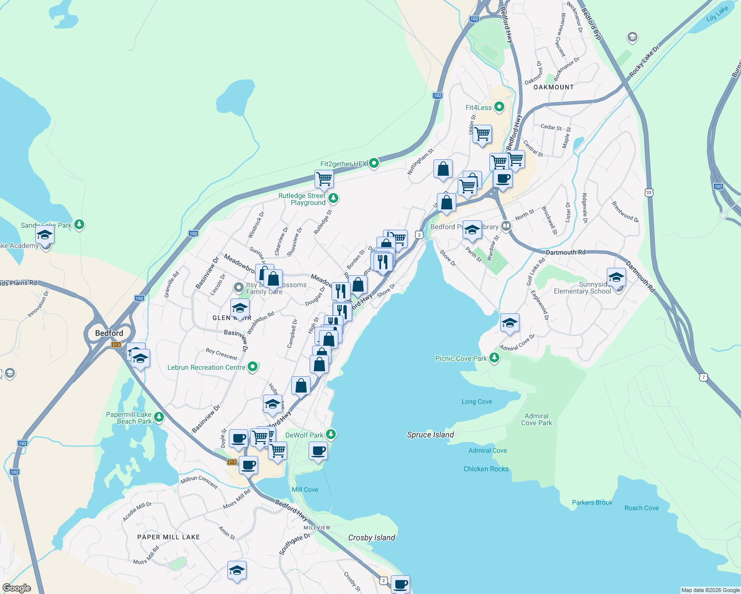 map of restaurants, bars, coffee shops, grocery stores, and more near 14 Bedford Highway in Bedford