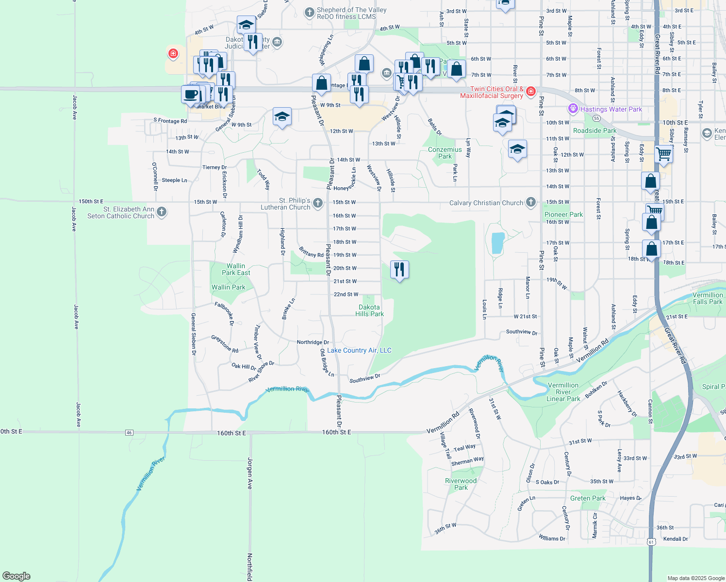 map of restaurants, bars, coffee shops, grocery stores, and more near 1318 22nd St W in Hastings