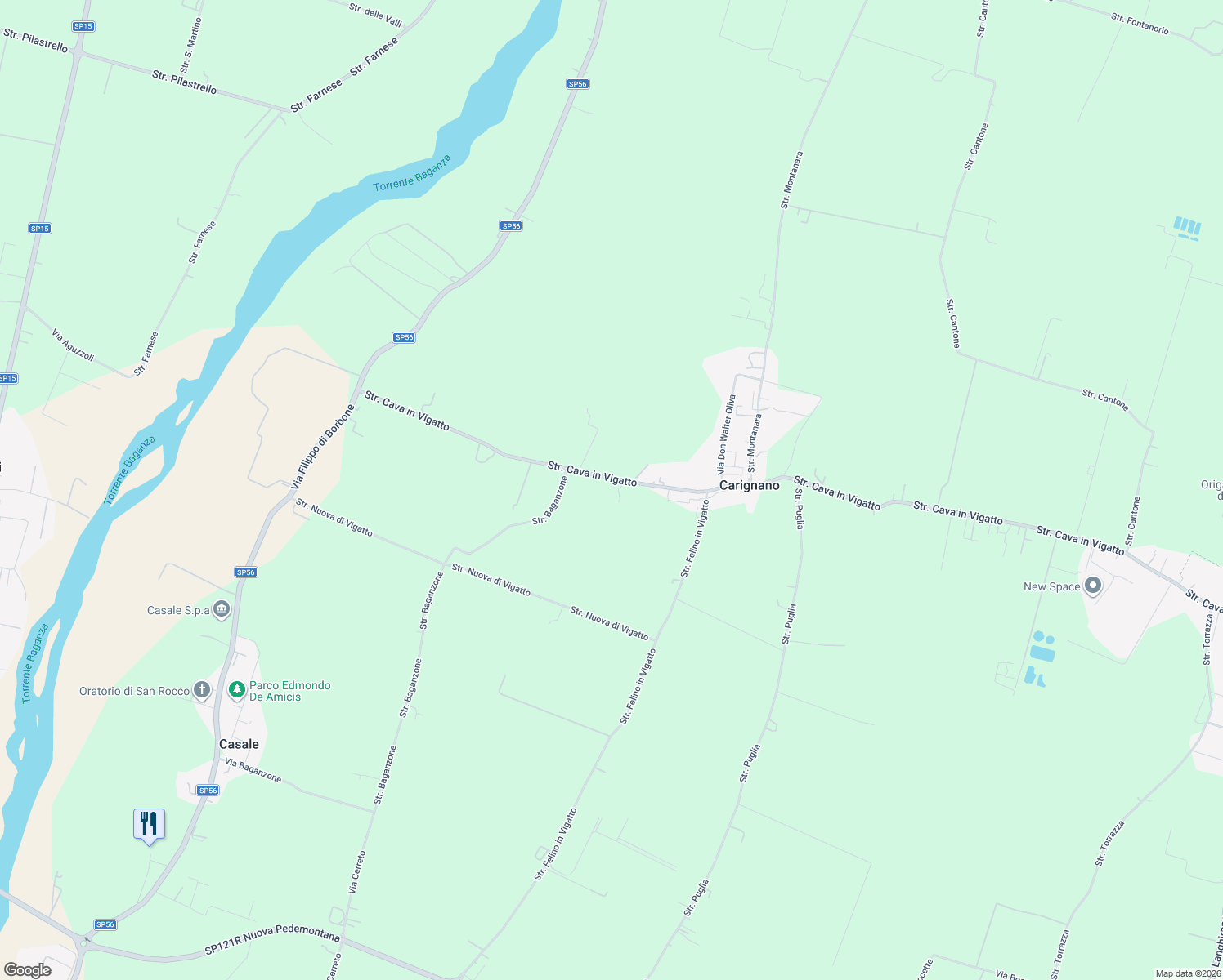 map of restaurants, bars, coffee shops, grocery stores, and more near 154 Strada Cava in Vigatto in Carignano