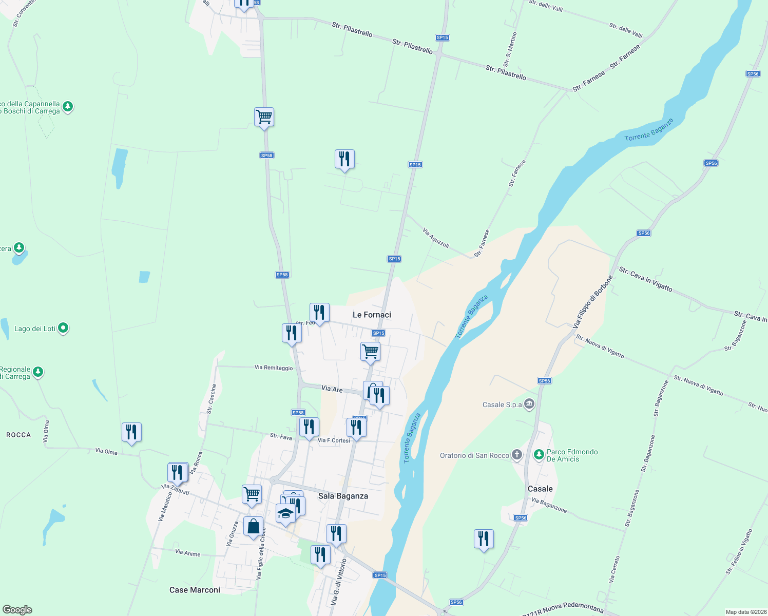 map of restaurants, bars, coffee shops, grocery stores, and more near 59 Strada Provinciale di Sala in Le Fornaci