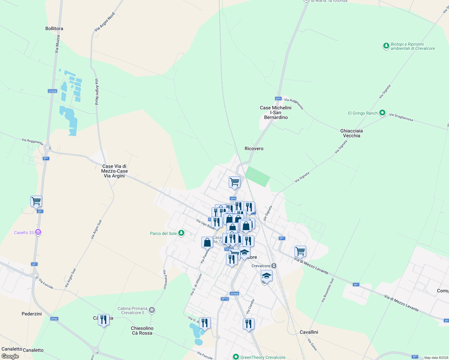 map of restaurants, bars, coffee shops, grocery stores, and more near 41 Via Aldo Capitini in Crevalcore