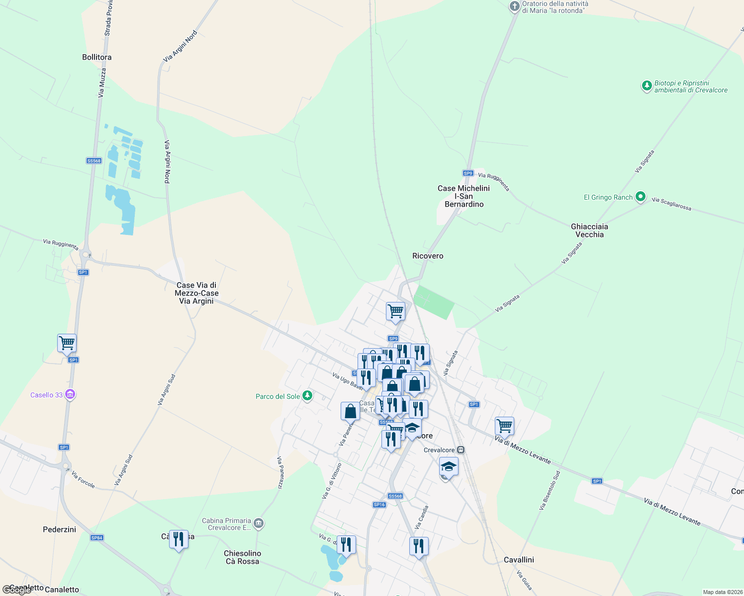 map of restaurants, bars, coffee shops, grocery stores, and more near 41 Via Aldo Capitini in Crevalcore