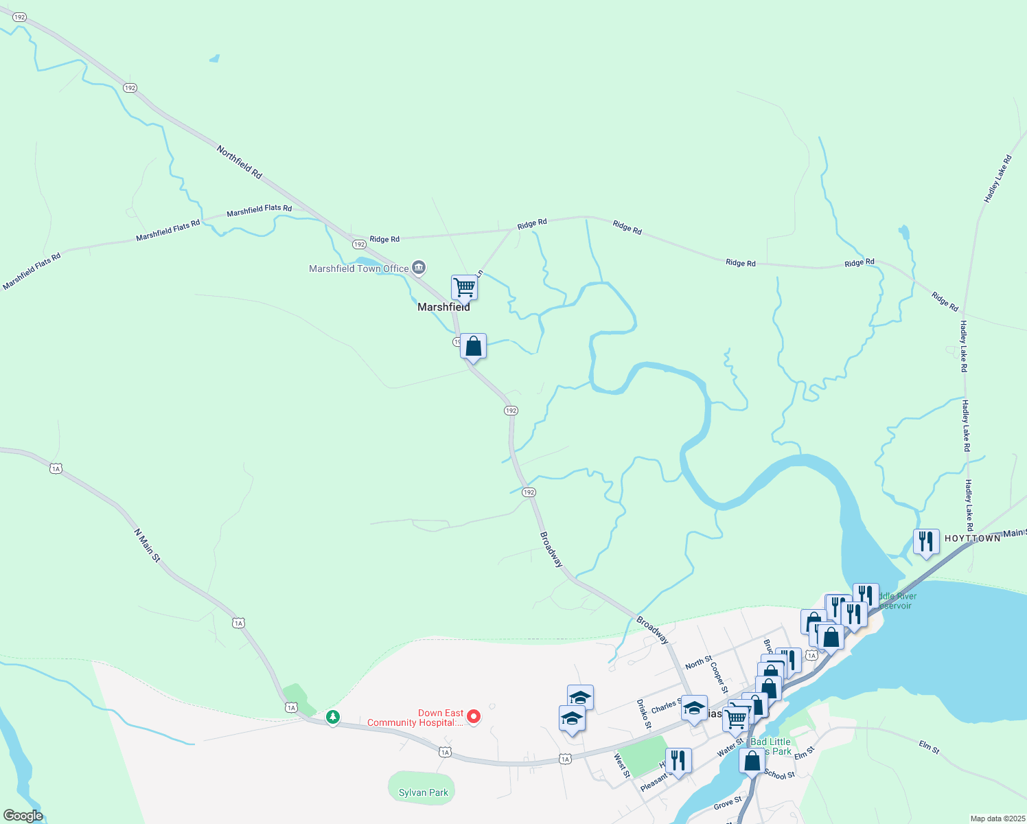map of restaurants, bars, coffee shops, grocery stores, and more near 73 Northfield Road in Marshfield
