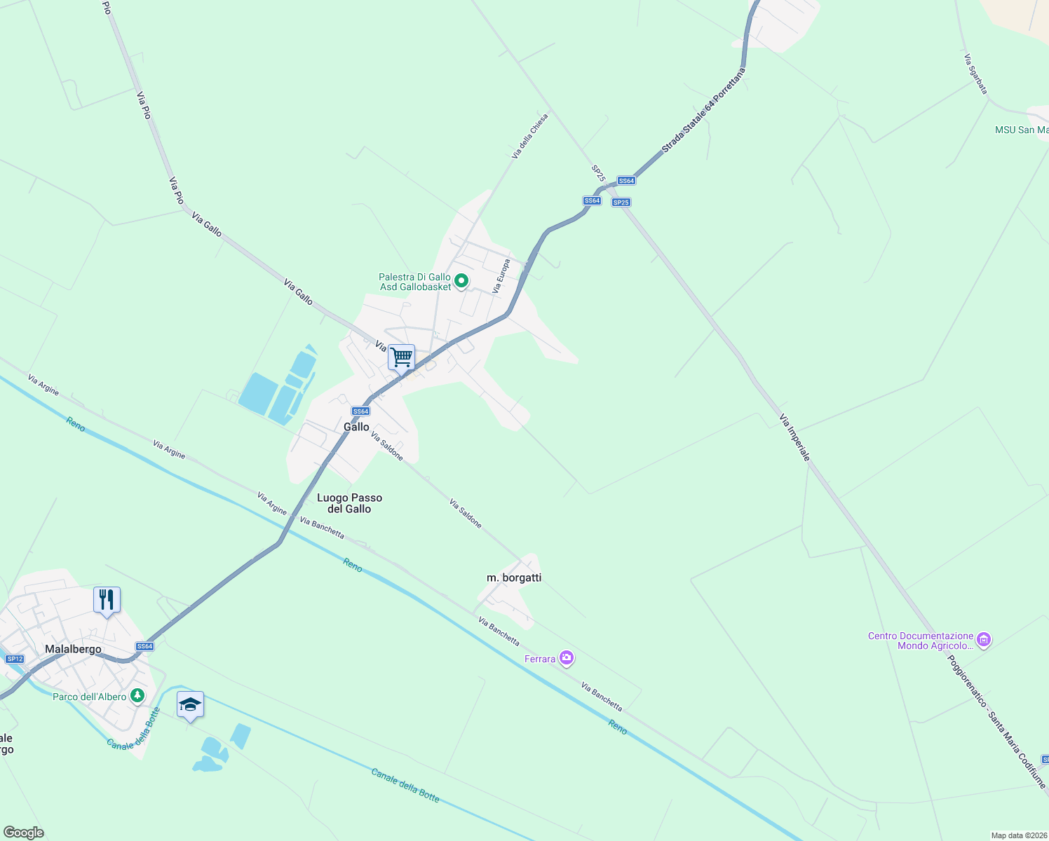 map of restaurants, bars, coffee shops, grocery stores, and more near 97 Via Fratelli Cervi in Provincia di Ferrara