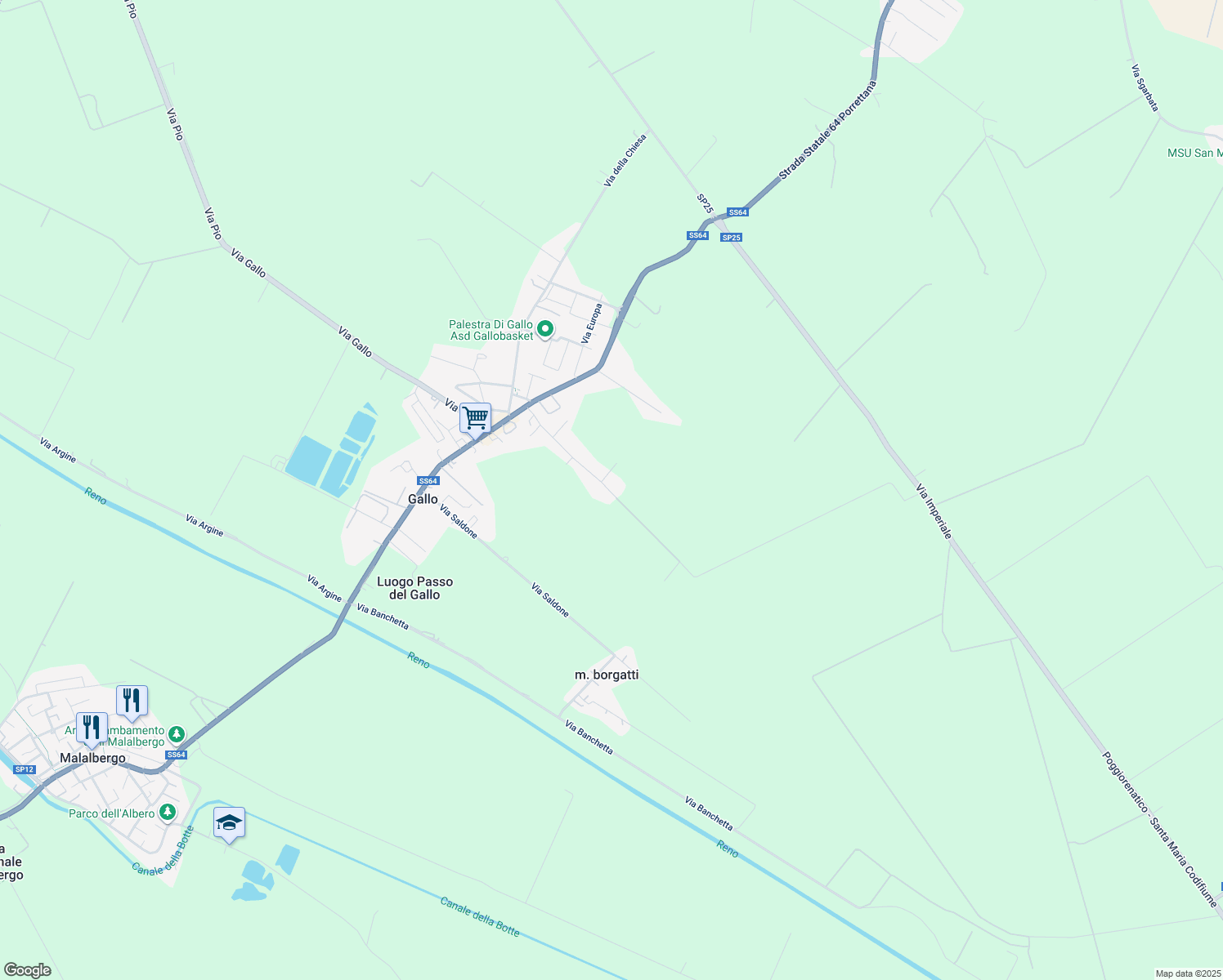 map of restaurants, bars, coffee shops, grocery stores, and more near 20 Via Fratelli Cervi in Gallo