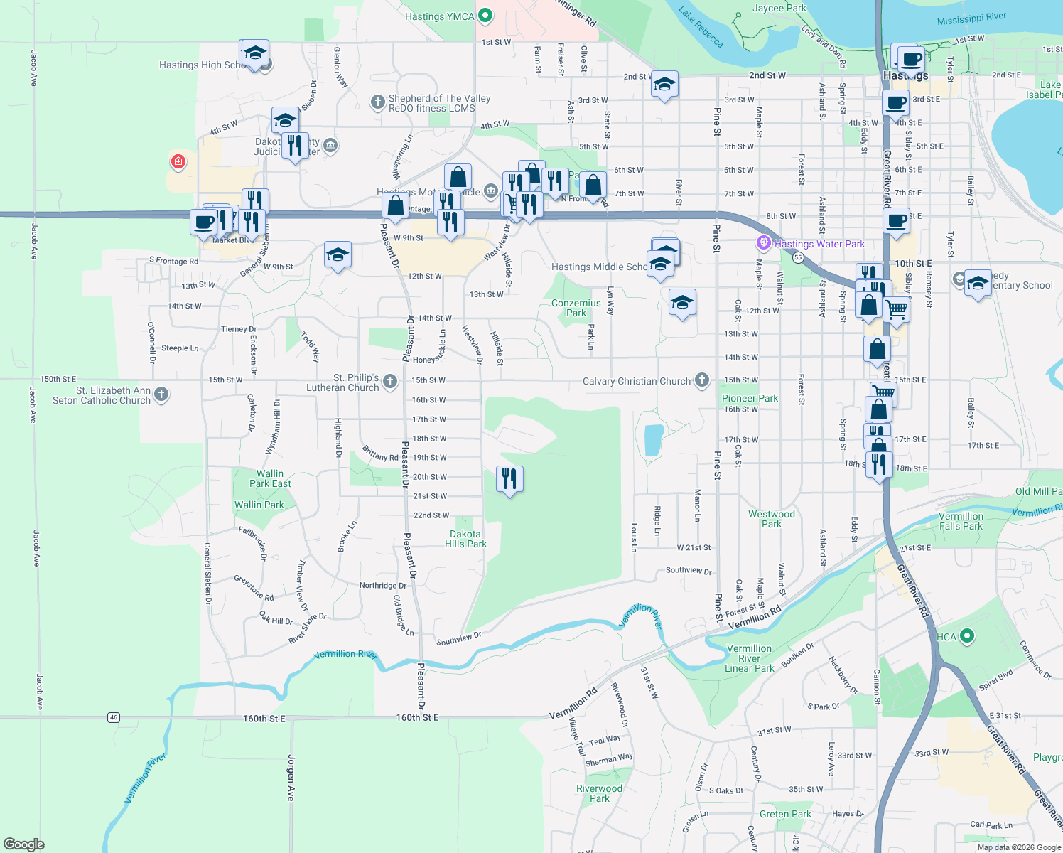 map of restaurants, bars, coffee shops, grocery stores, and more near 40 Valley Lane in Hastings